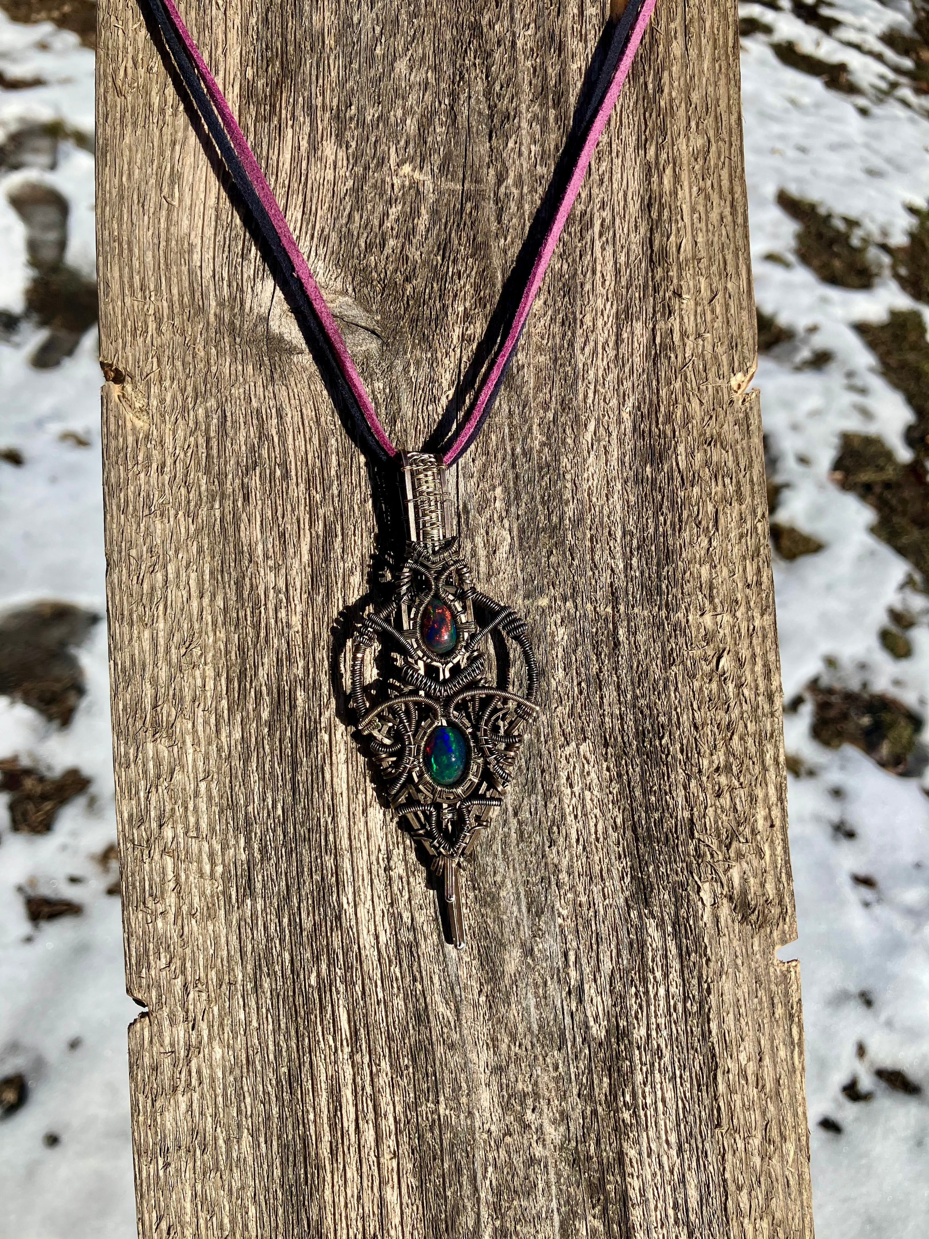 Double Australian Black Opal Wire Wrapped Amulet in Tarnished 925 Sterling Silver