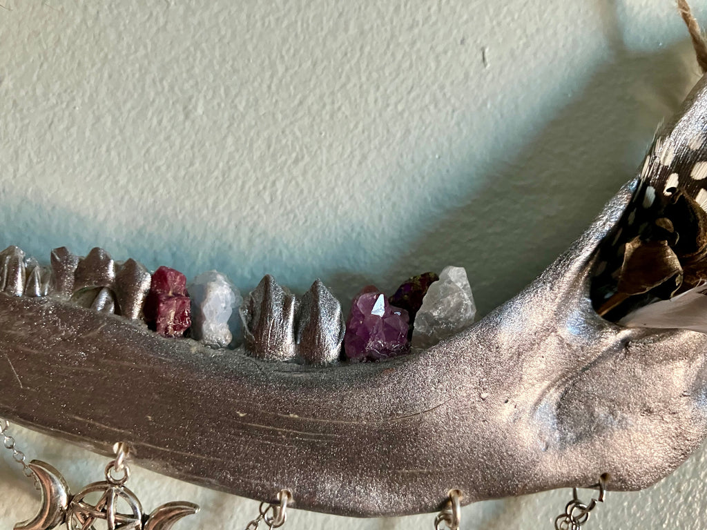 Crystal Triple Goddess Deer Jawbone Wall Hanging Altar Decor- Connect with Divine- Angelite, Garnet, Amethyst+