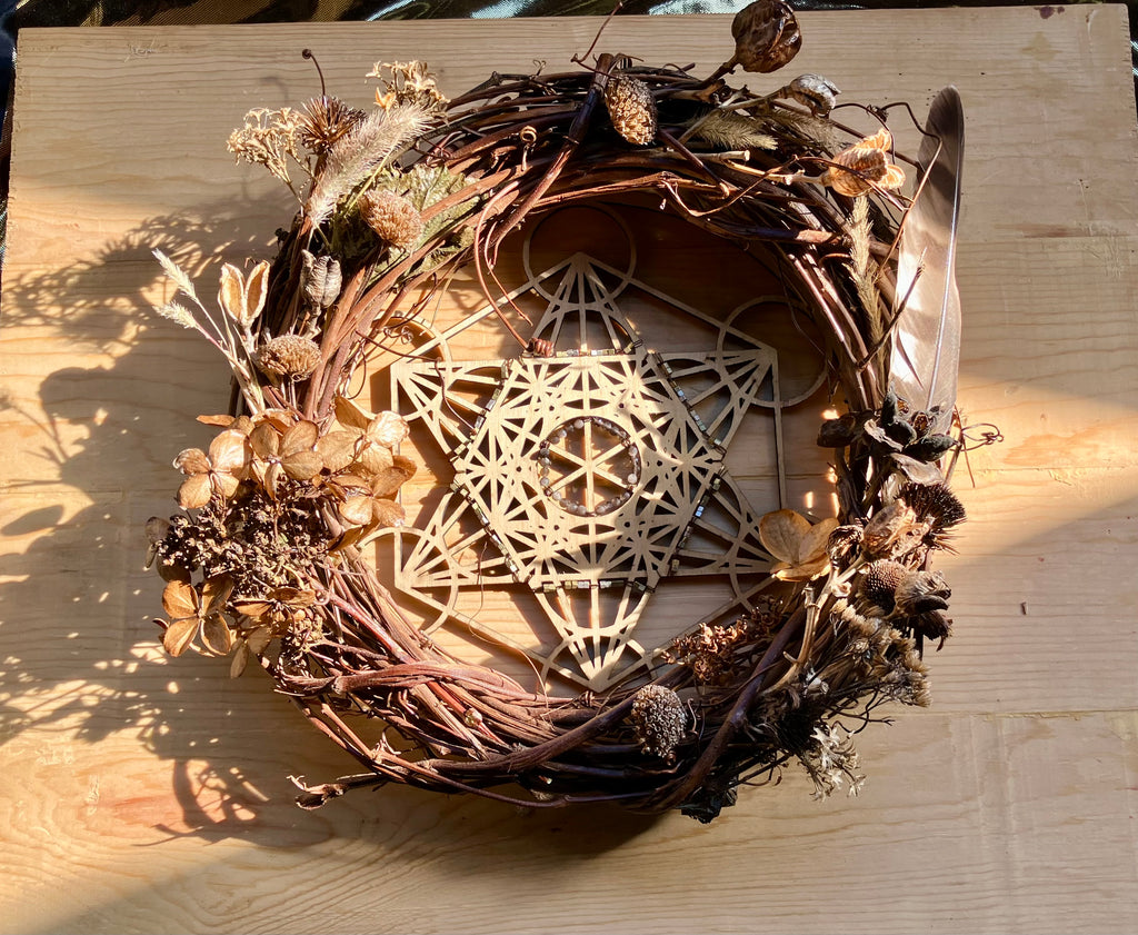 Archangel Metatron Sacred Geometry 10” Protection & Power Wreath- Silver Sheen Obsidian- Hawk