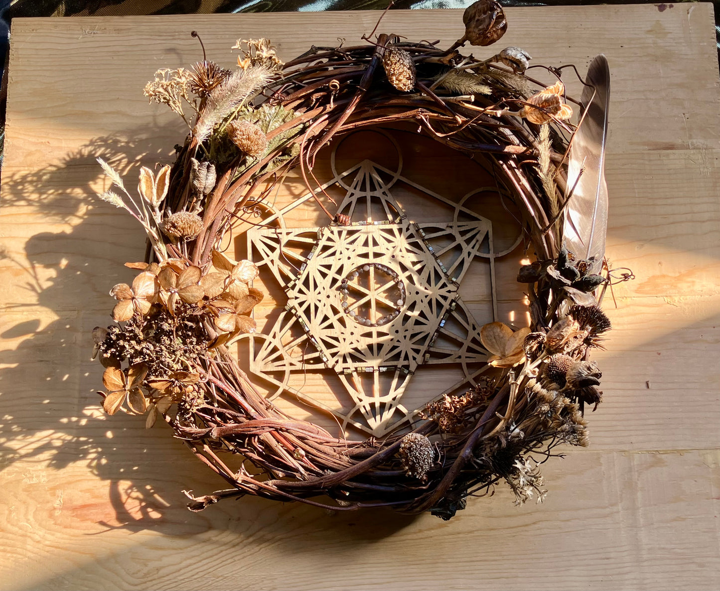 Archangel Metatron Sacred Geometry 10” Protection & Power Wreath- Silver Sheen Obsidian- Hawk