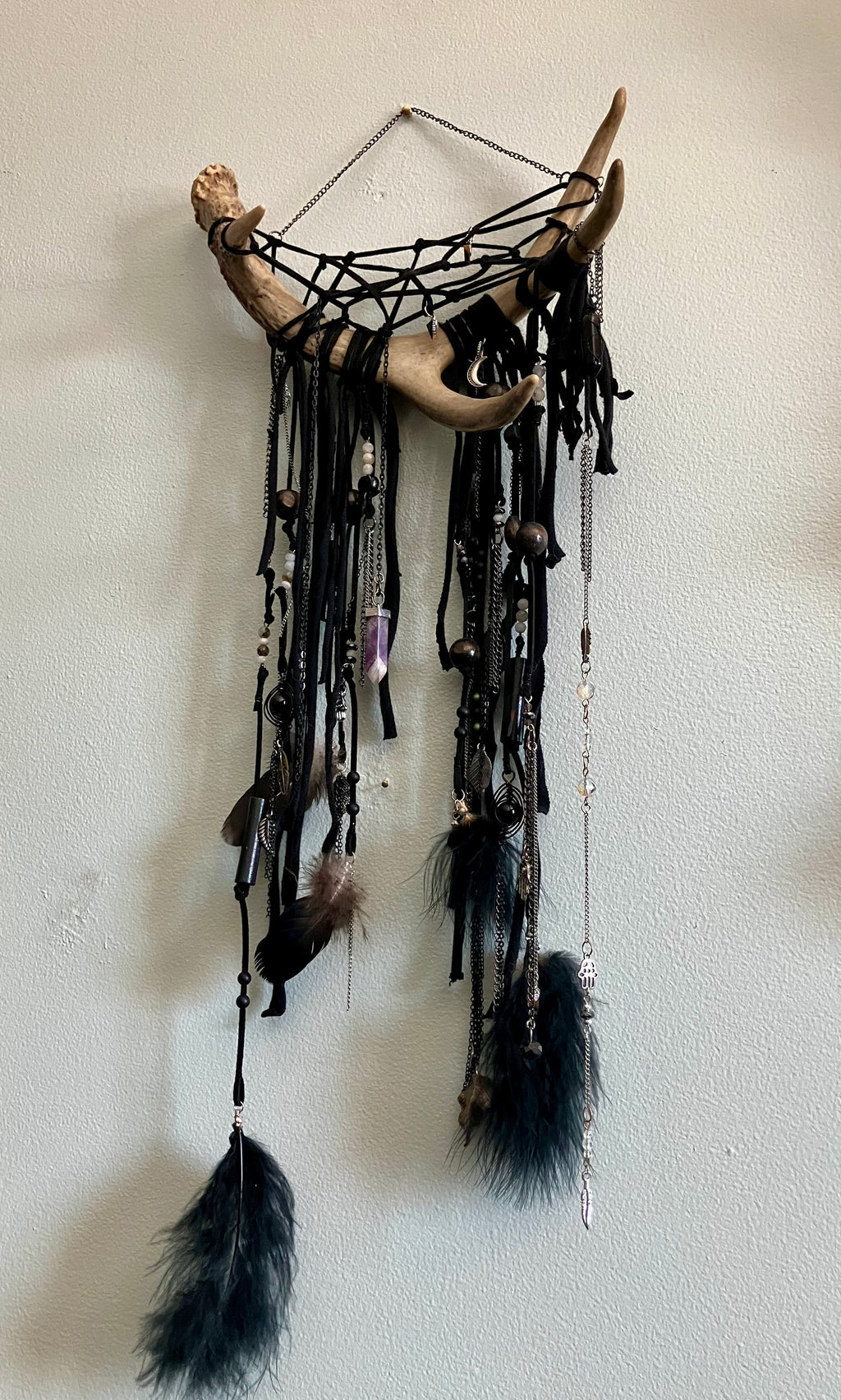 Crystal Beaded Fringe Charm Deer Antler Dreamcatcher Wall Hanging- Protection, Root/Crown Chakra- Amethyst, Onyx
