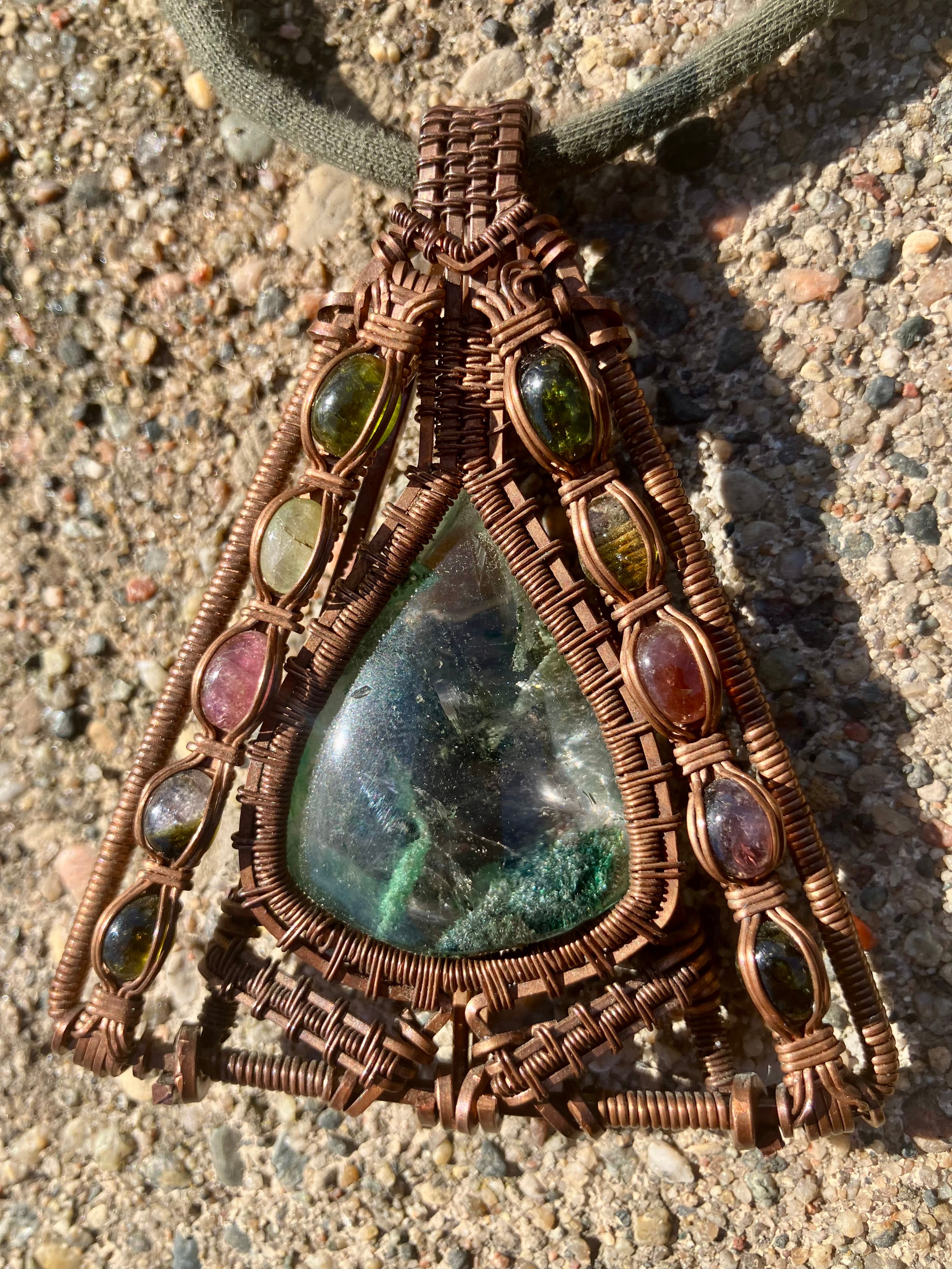 Ghost Phantom and Multi-Colored Tourmaline Wire Wrapped Amulet in Tarnished Copper