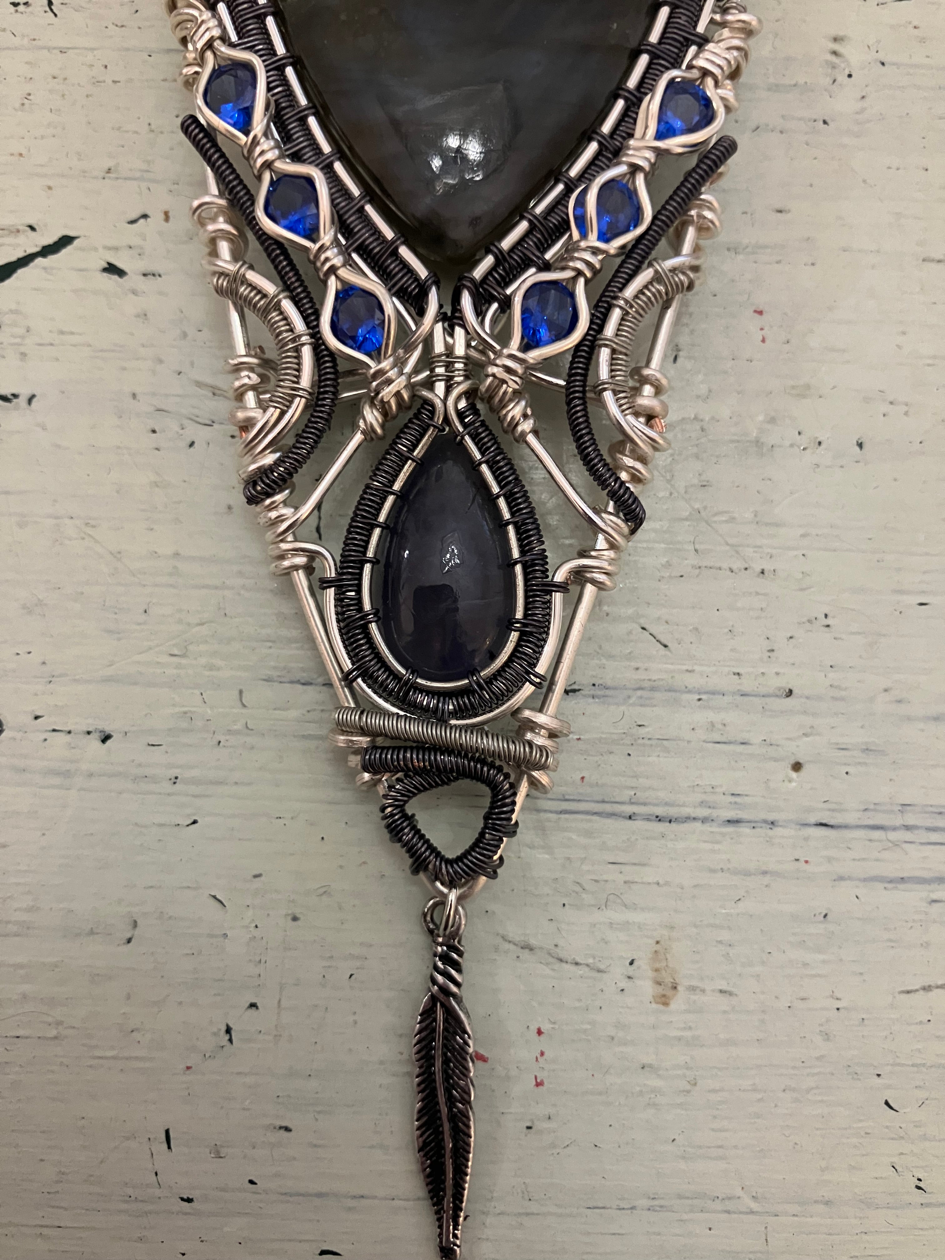 Labradorite Trillion, Iolite and Faceted Blue Quartz Wire Wrapped Amulet Statement Pendant in Two-tone Copper