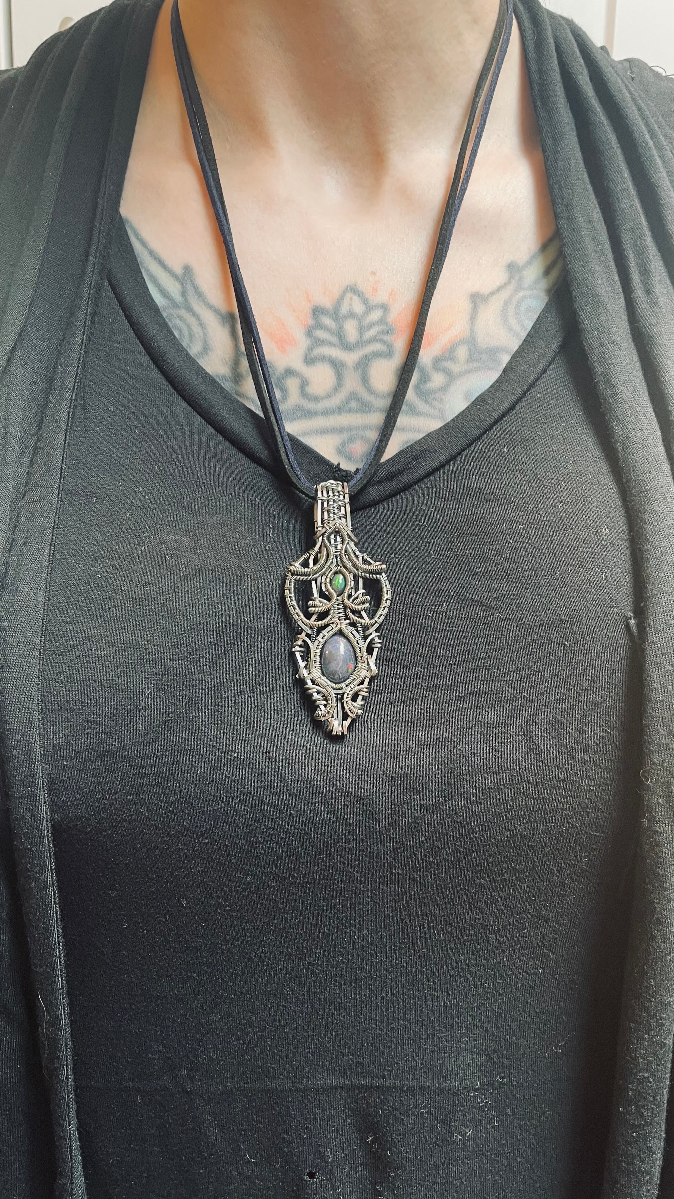 6.8 carat Double Black Opal Crystal Wire Wrapped Amulet Pendant in 925 Sterling Silver