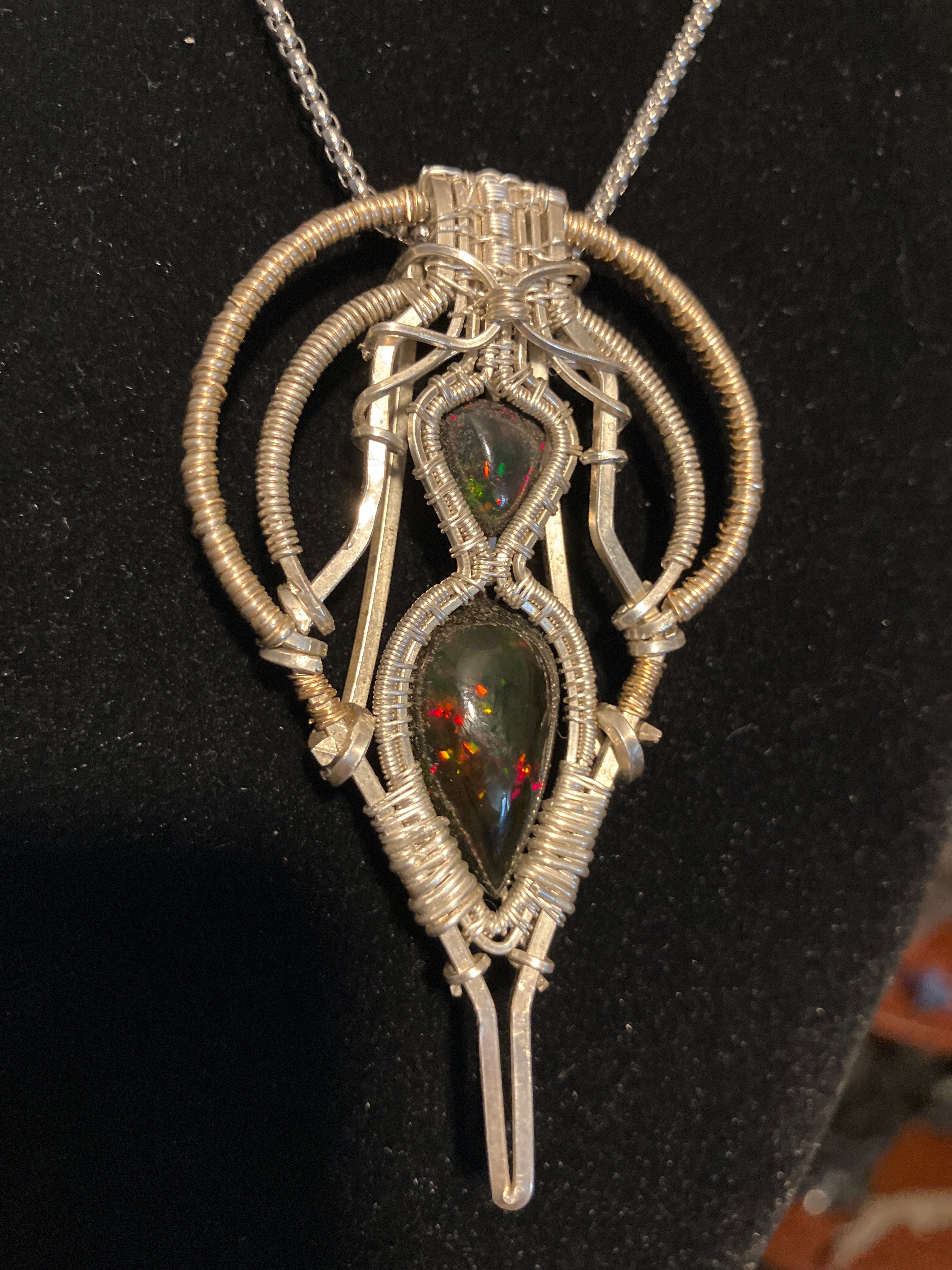 8.4 carat Double Black Opal Crystal Wire Wrapped Amulet Pendant in 925 Sterling Silver & 14k Yellow Gold