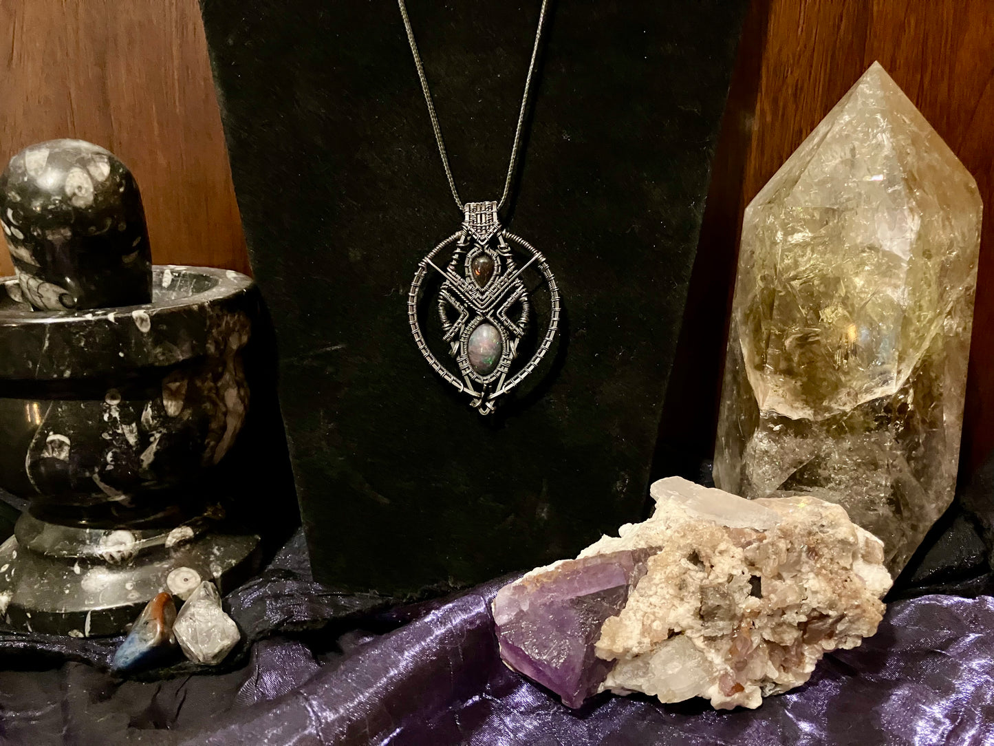 12 carat Double Black Opal Wire Wrapped Amulet in Tarnished Sterling Silver