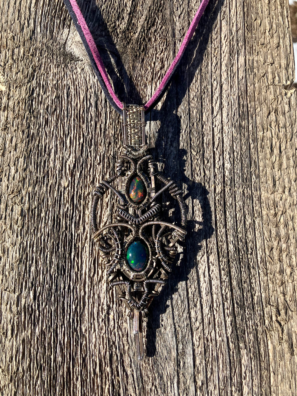 Double Australian Black Opal Wire Wrapped Amulet in Tarnished 925 Sterling Silver