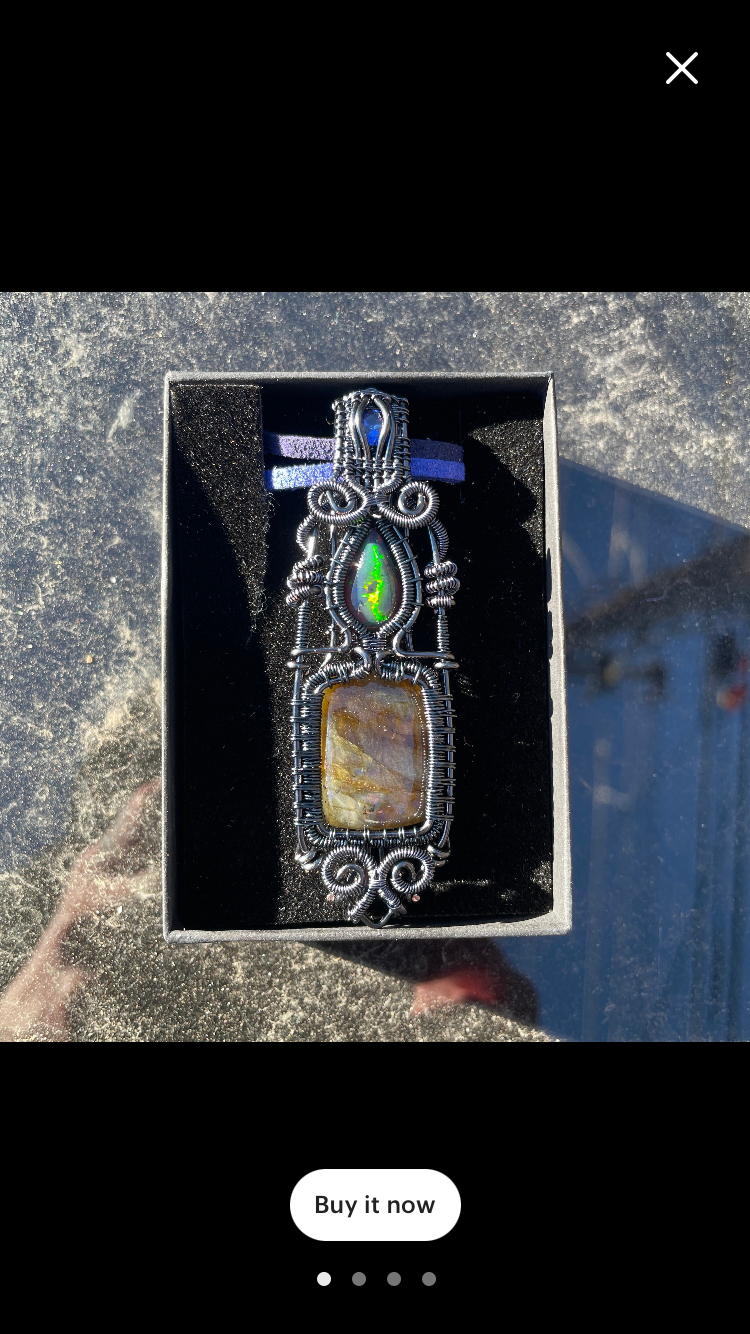 Blue Quartz, Black Opal & Spectrolite Crystal Wire Wrapped Amulet Pendant in Hematite Colored Copper