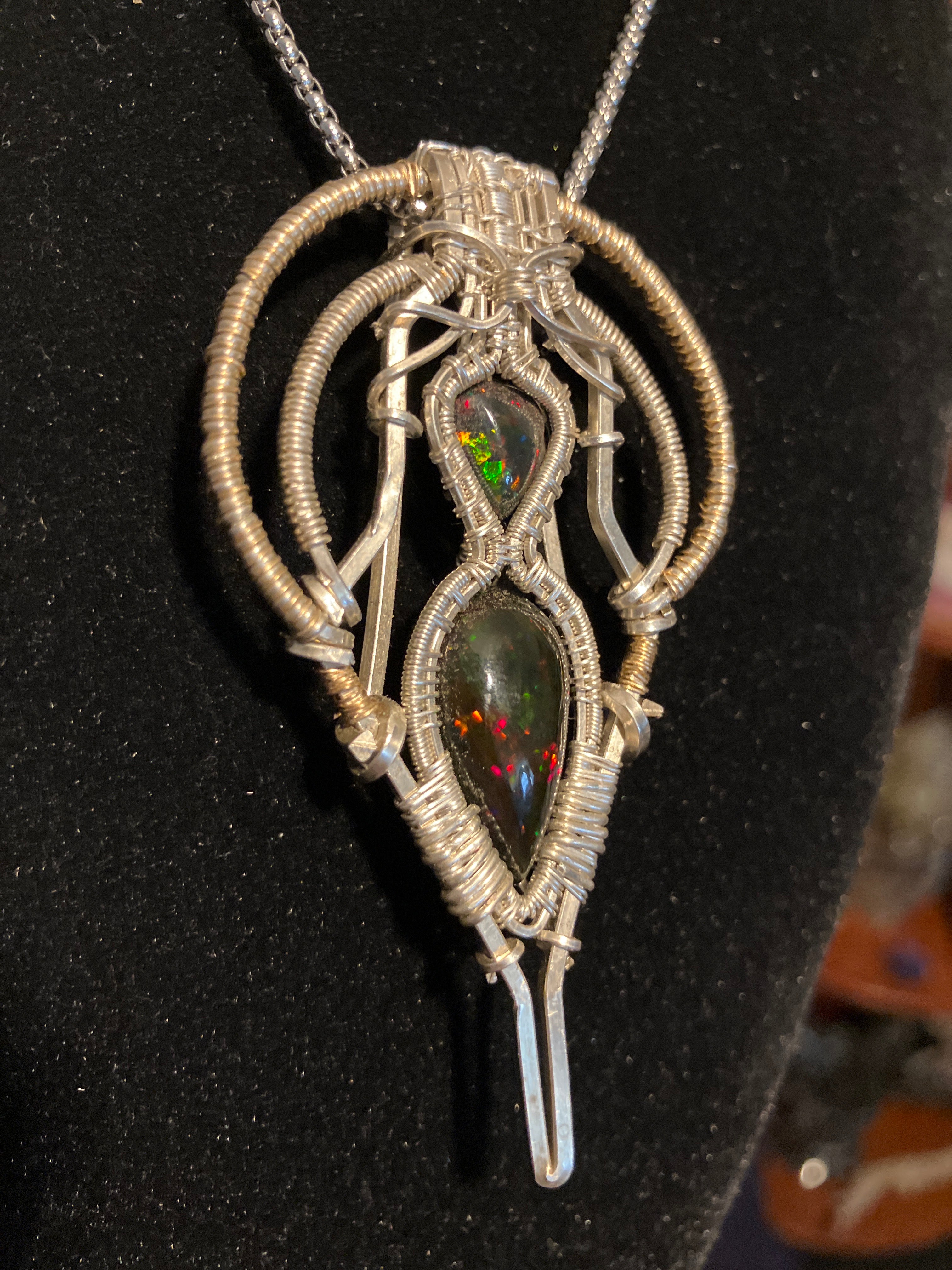 8.4 carat Double Black Opal Crystal Wire Wrapped Amulet Pendant in 925 Sterling Silver & 14k Yellow Gold