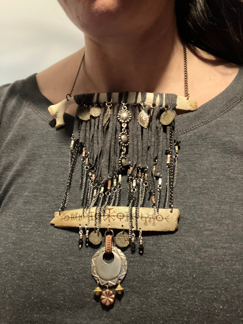 Wood Burned Deer Bone Charm Fringe Bib Necklace with Black Onyx & Copper Beads- Sigil for Protection and Vitality