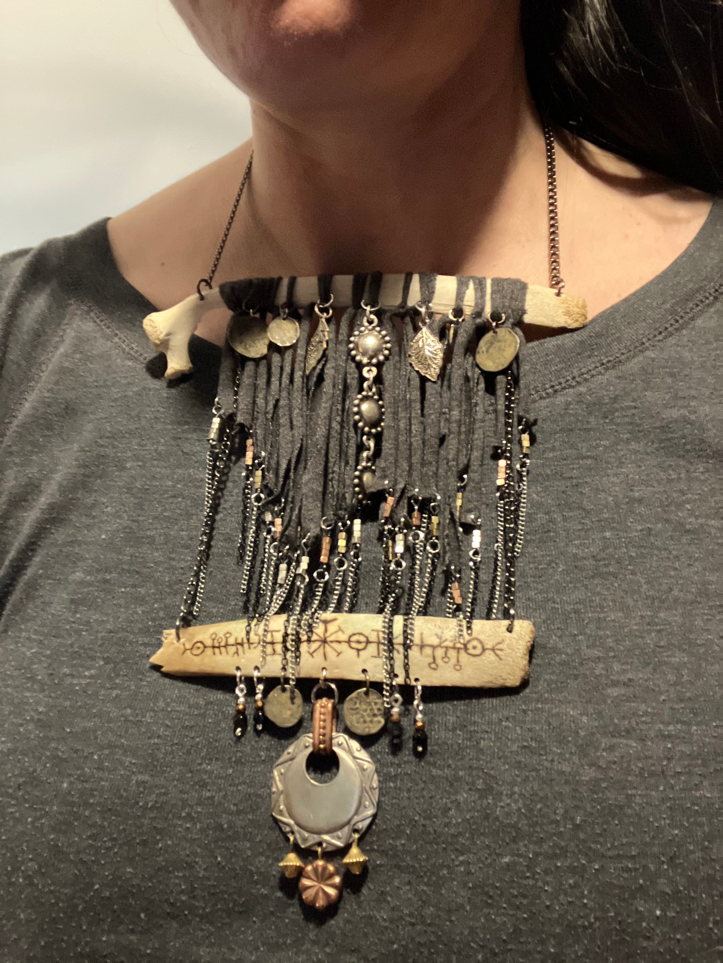 Wood Burned Deer Bone Charm Fringe Bib Necklace with Black Onyx & Copper Beads- Sigil for Protection and Vitality
