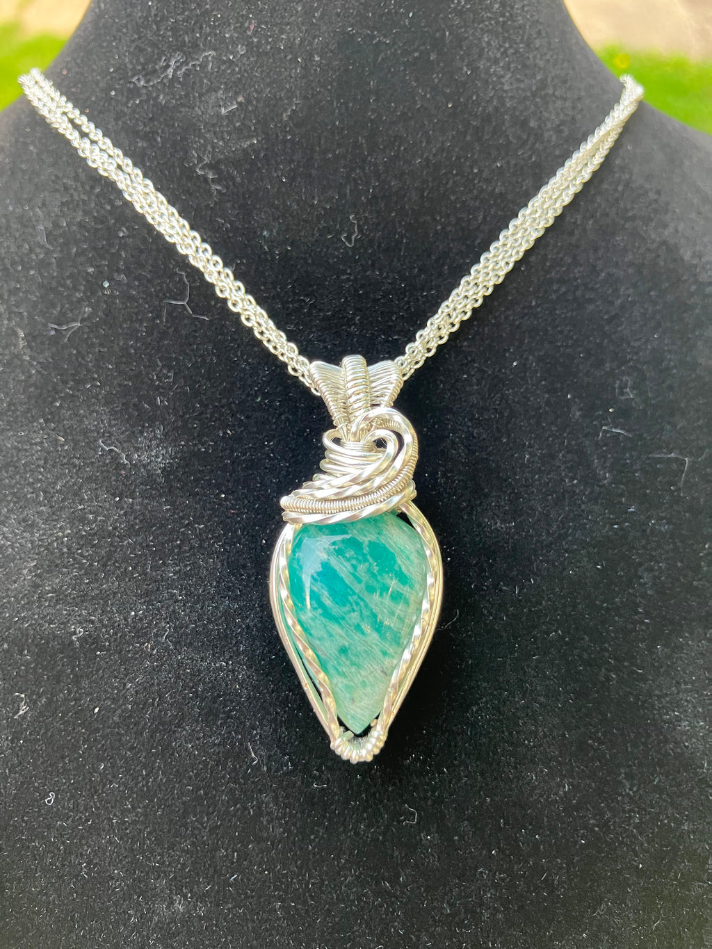 Amazonite Wire Wrapped Pendant in Silver Tone Copper