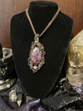 Harlequin Labradorite with Faceted Amethyst, Tanzanite & Pink Topaz Wire Wrapped Amulet Statement Pendant in Tarnished Copper