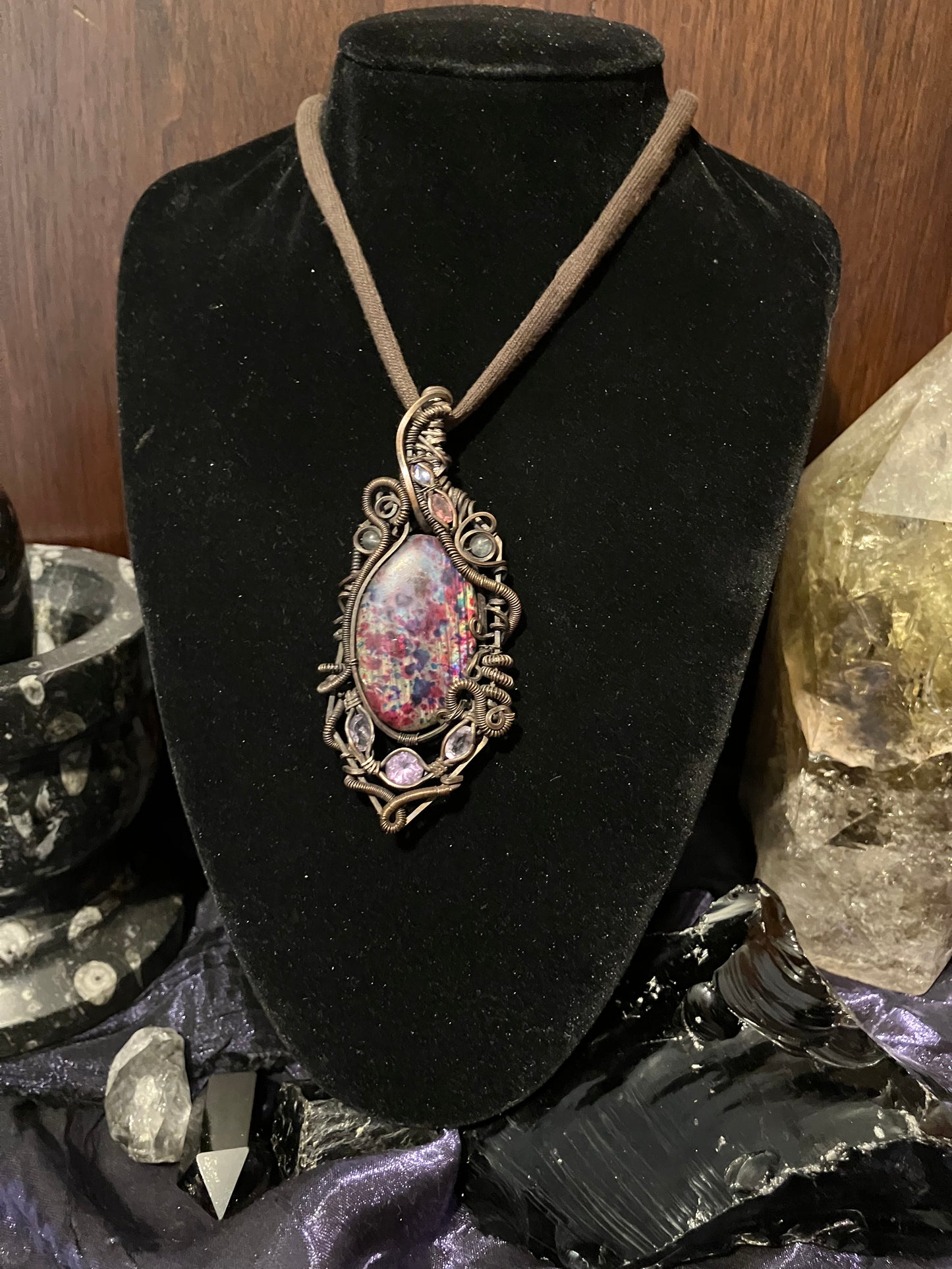 Harlequin Labradorite with Faceted Amethyst, Tanzanite & Pink Topaz Wire Wrapped Amulet Statement Pendant in Tarnished Copper