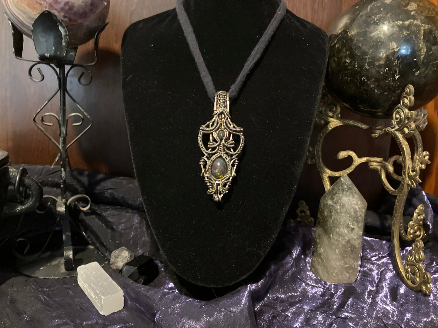 6.8 carat Double Black Opal Crystal Wire Wrapped Amulet Pendant in 925 Sterling Silver