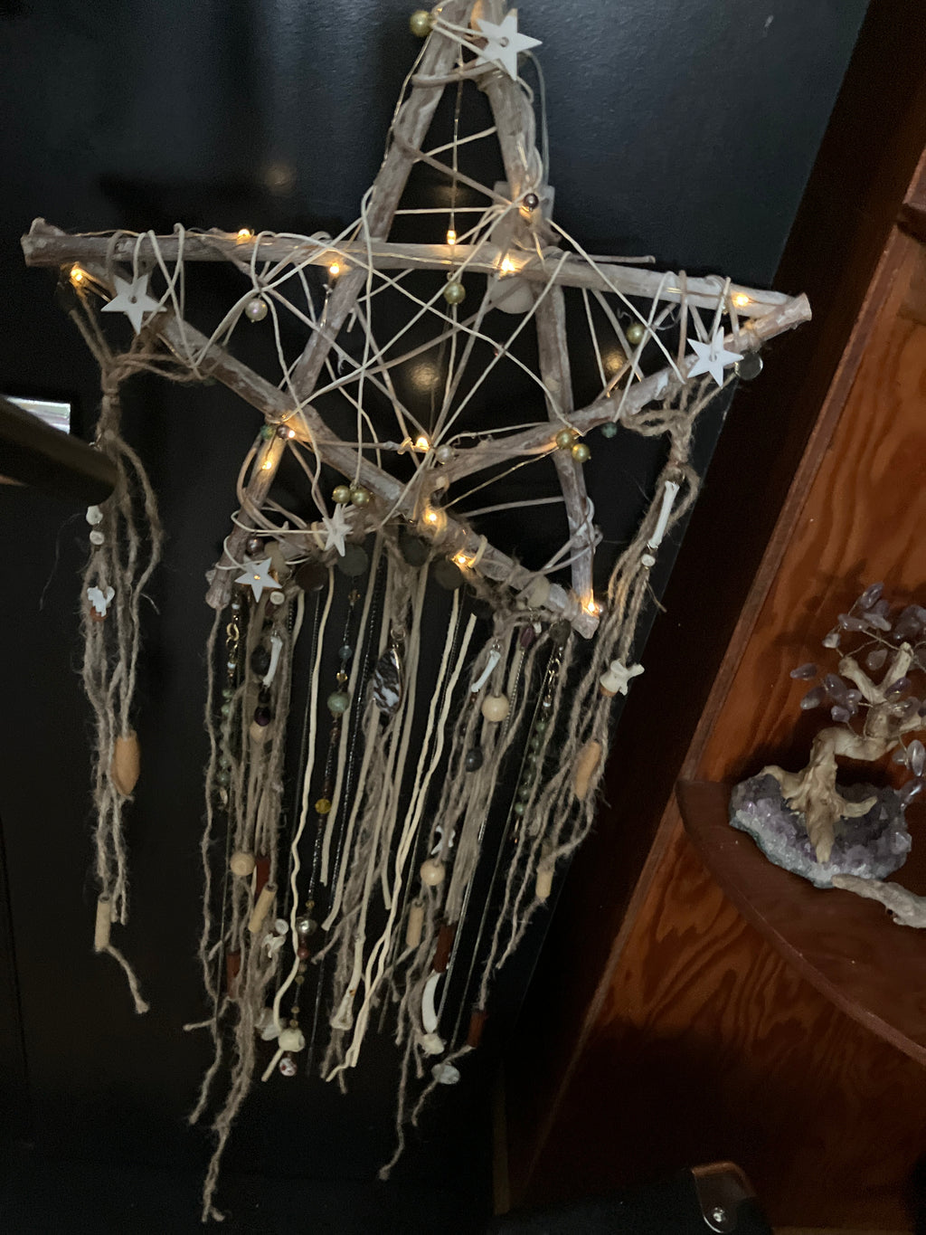Handmade Crystal & Goundhog Bone, Embellished Star Wall Hanging- Bridgid’s Rhythm- Triple Goddess- LIGHTS UP