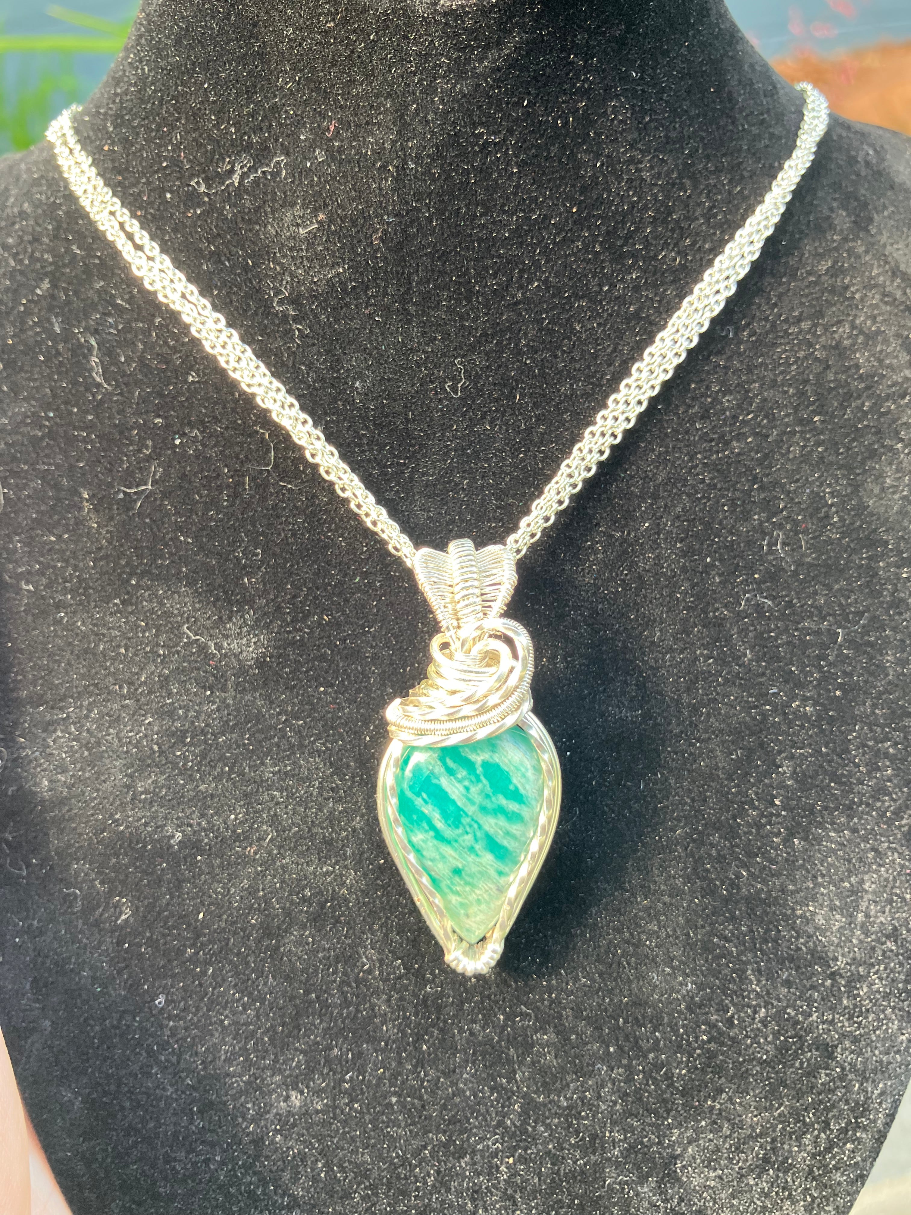 Amazonite Wire Wrapped Pendant in Silver Tone Copper