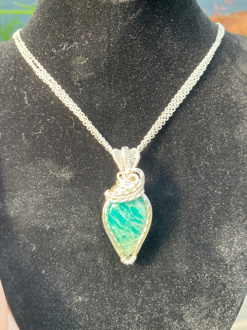 Amazonite Wire Wrapped Pendant in Silver Tone Copper