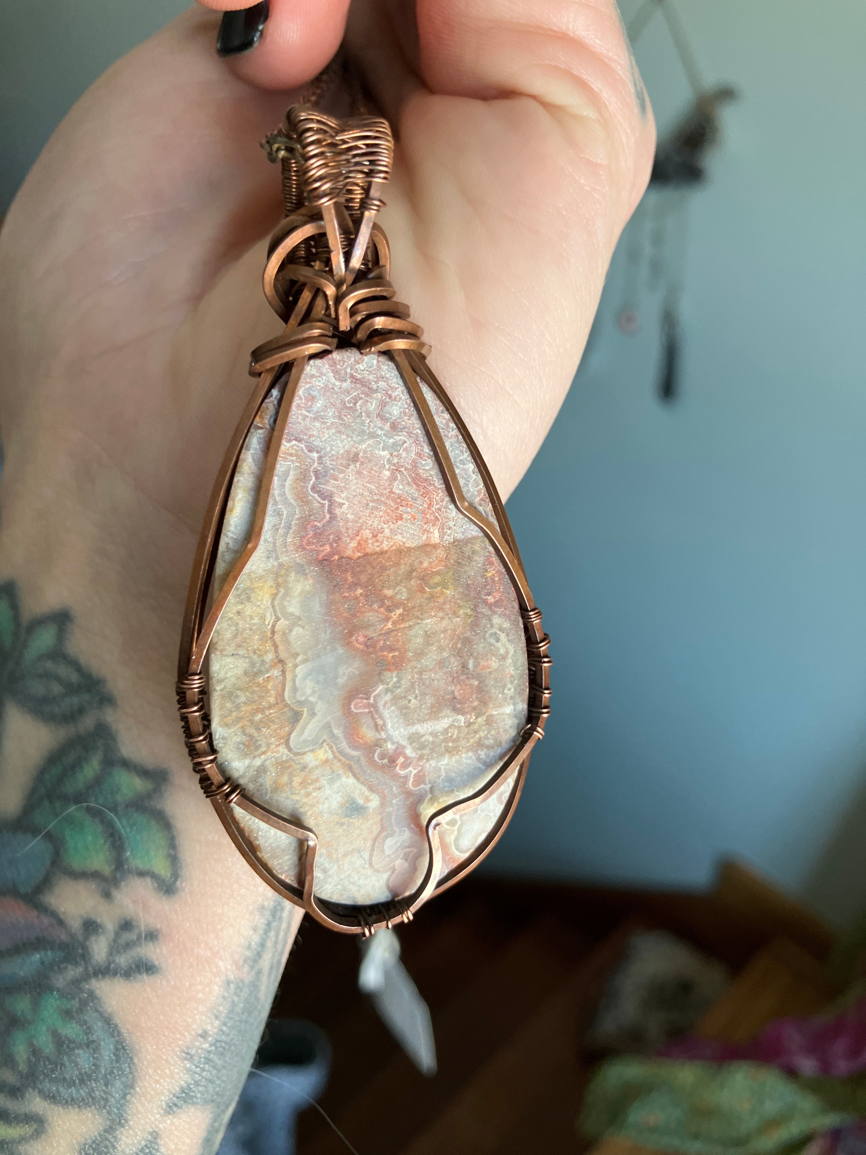Crazy Lace Agate Crystal Wire Wrapped Pendant in Tarnished Copper
