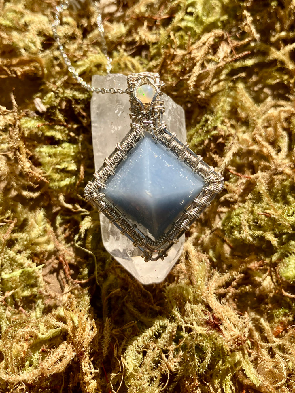 White Opal & Angelite Pyramid Crystal Wire Wrapped Pendant in 925 Sterling Silver