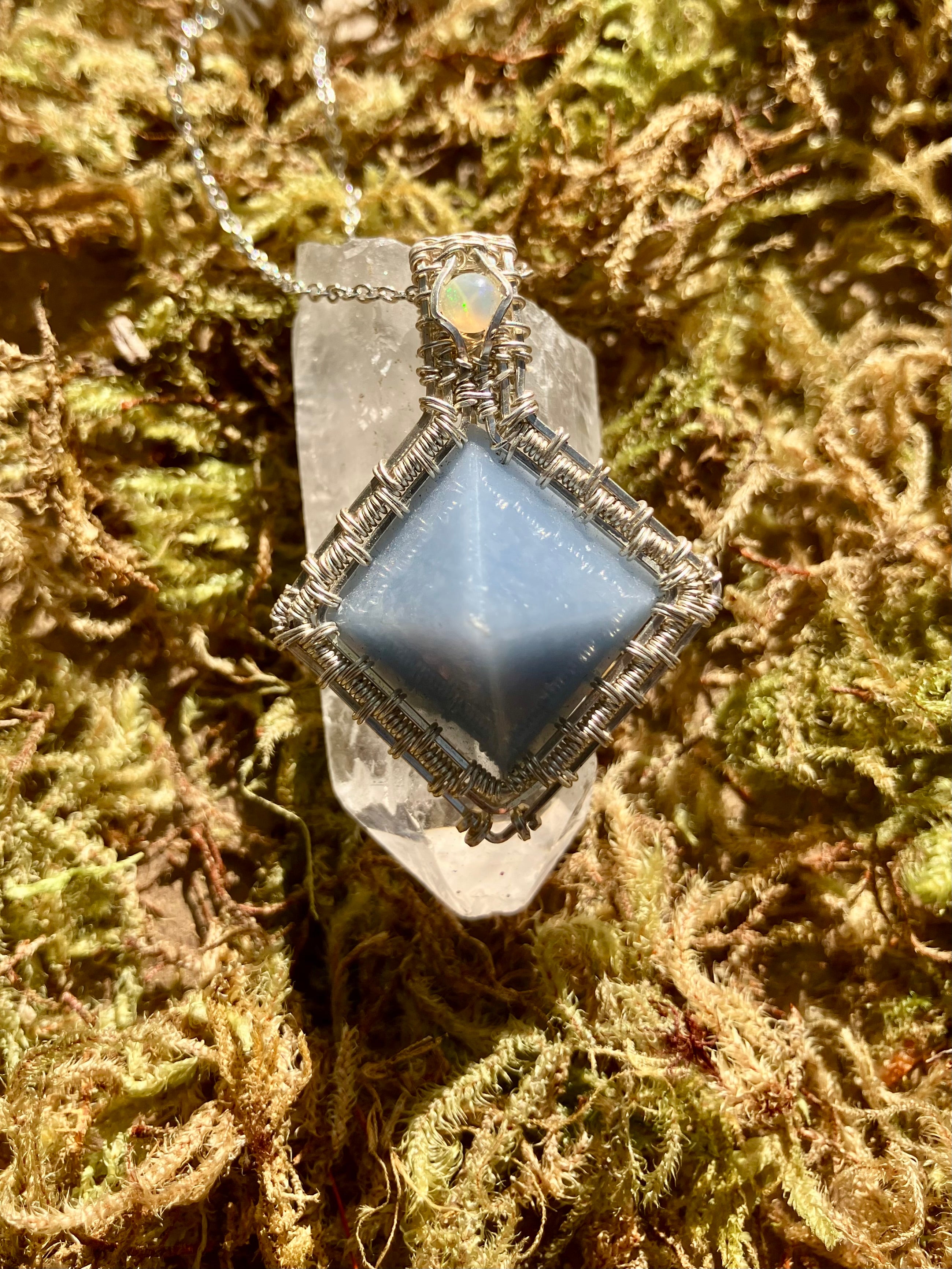 White Opal & Angelite Pyramid Crystal Wire Wrapped Pendant in 925 Sterling Silver