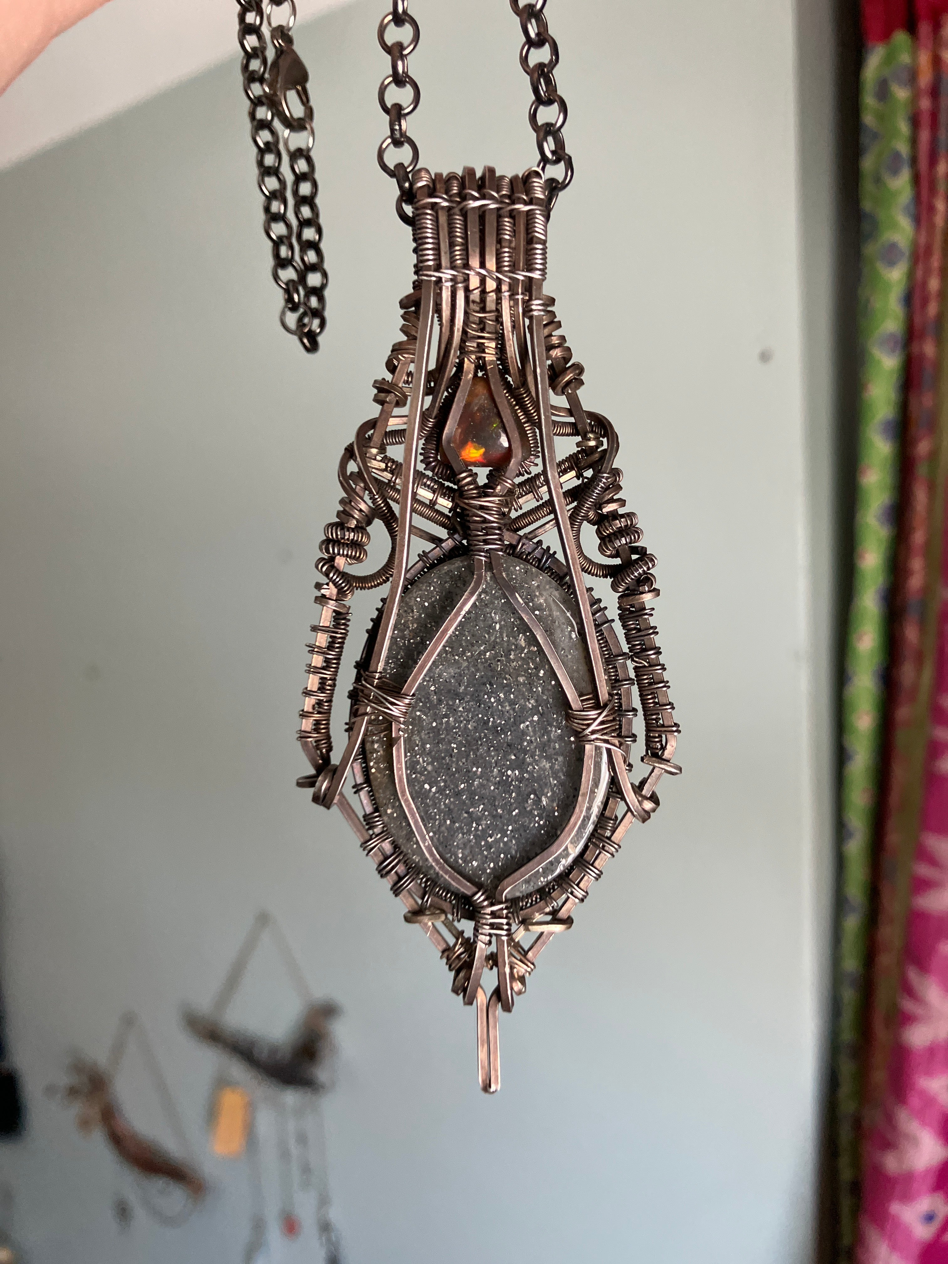 Black Iolite and Black Opal Trillion Wire Wrapped Amulet Statement Pendant in Tarnished Sterling Silver