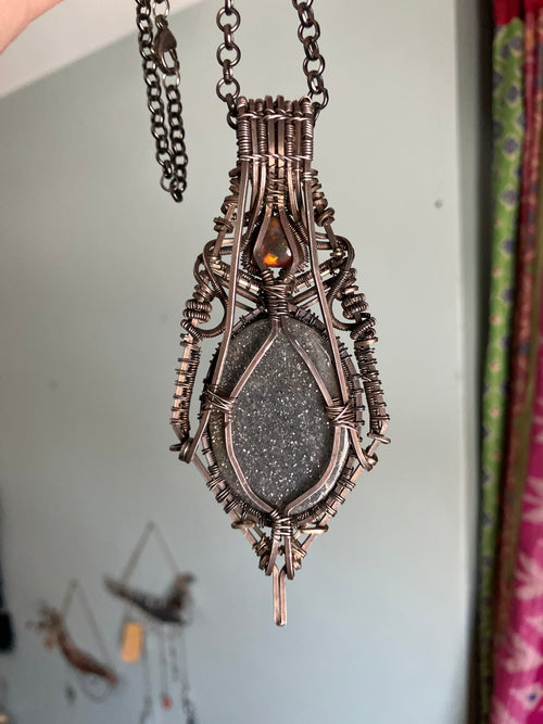Black Iolite and Black Opal Trillion Wire Wrapped Amulet Statement Pendant in Tarnished Sterling Silver