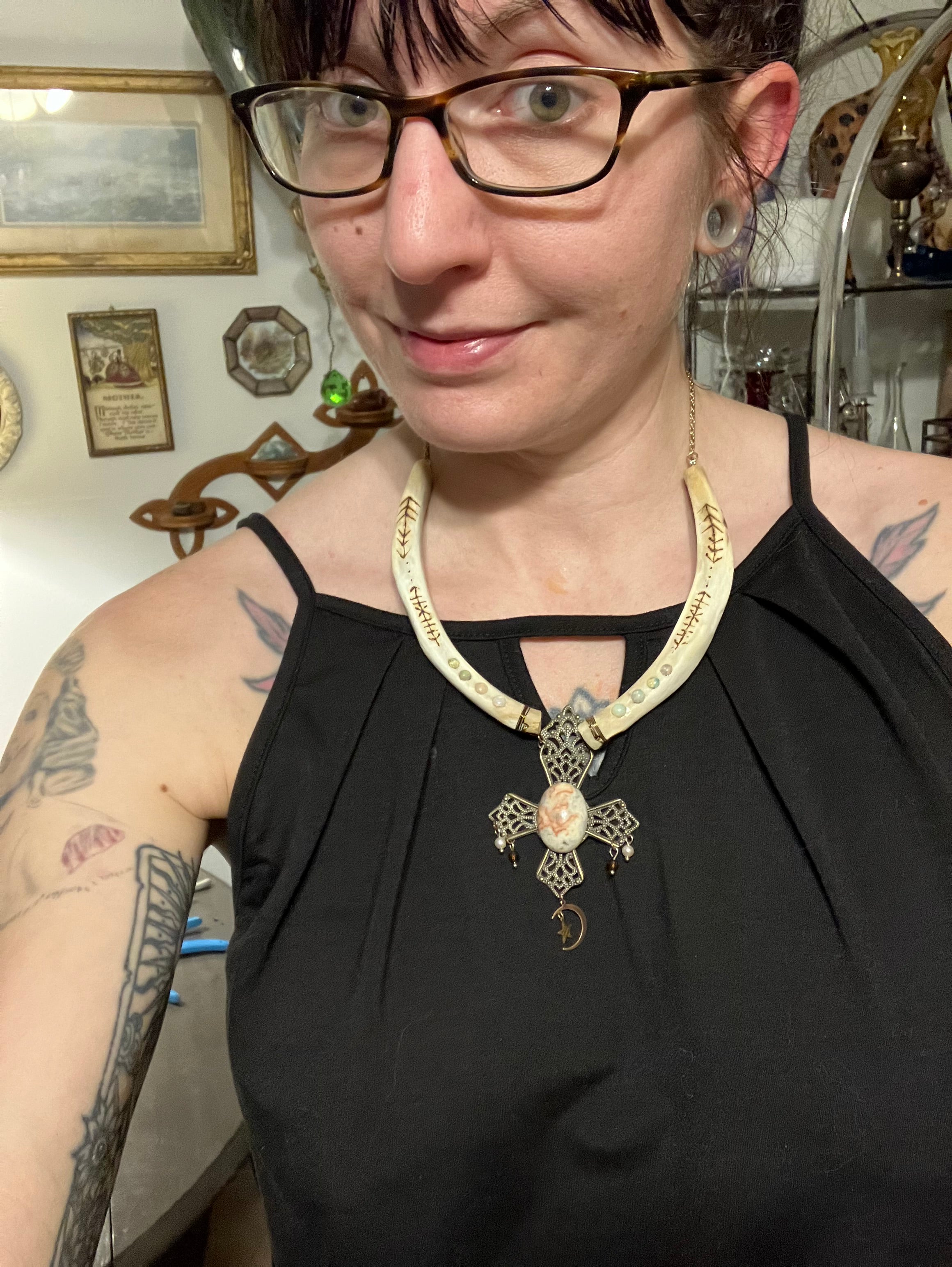 Javelina Rib Bone Crystal Ceremonial Amulet with Sigils for Inner Peace- Crazy Lace Agate- Opal- Garnet