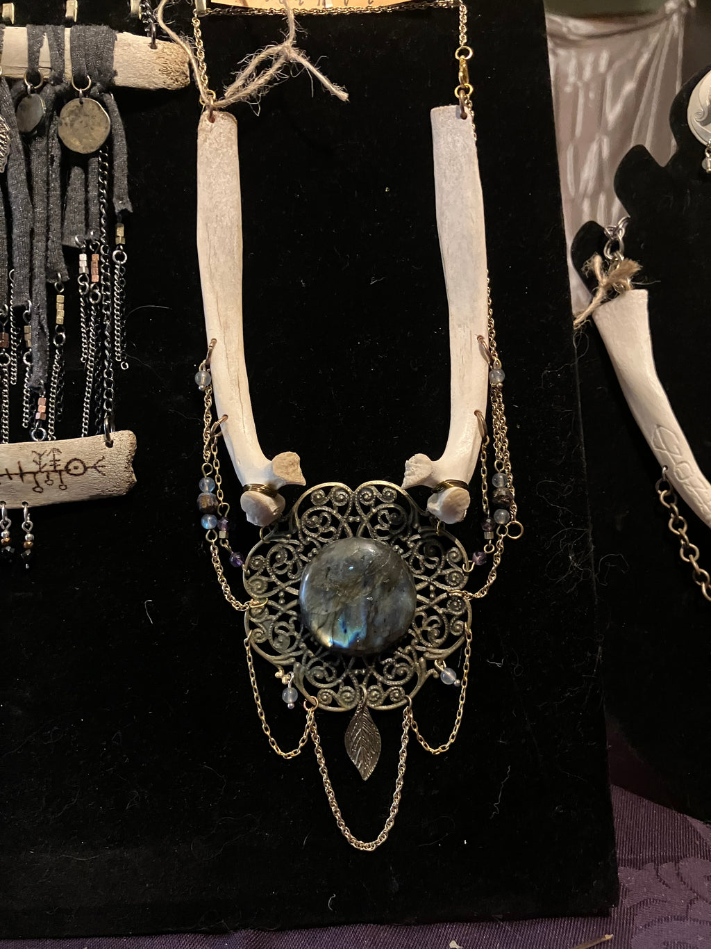 Ceremonial Deer Bone Amulet w/ Labradorite, Amethyst & Pietersite- Increase Abilities- Aura Shielding- Third Eye