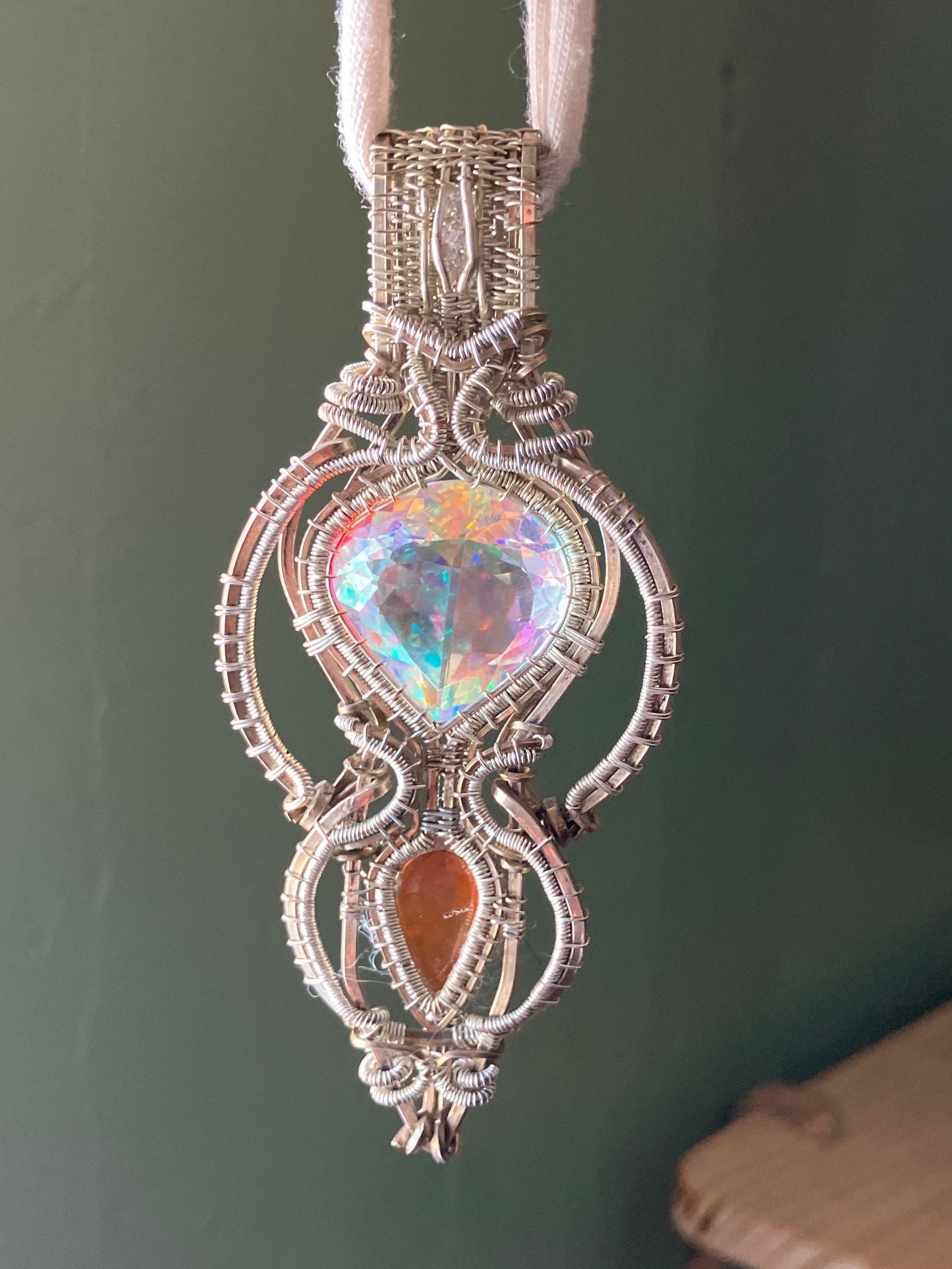Mystic Quartz, Opal & Moissanite Wire Wrapped Amulet in 925 Sterling Silver