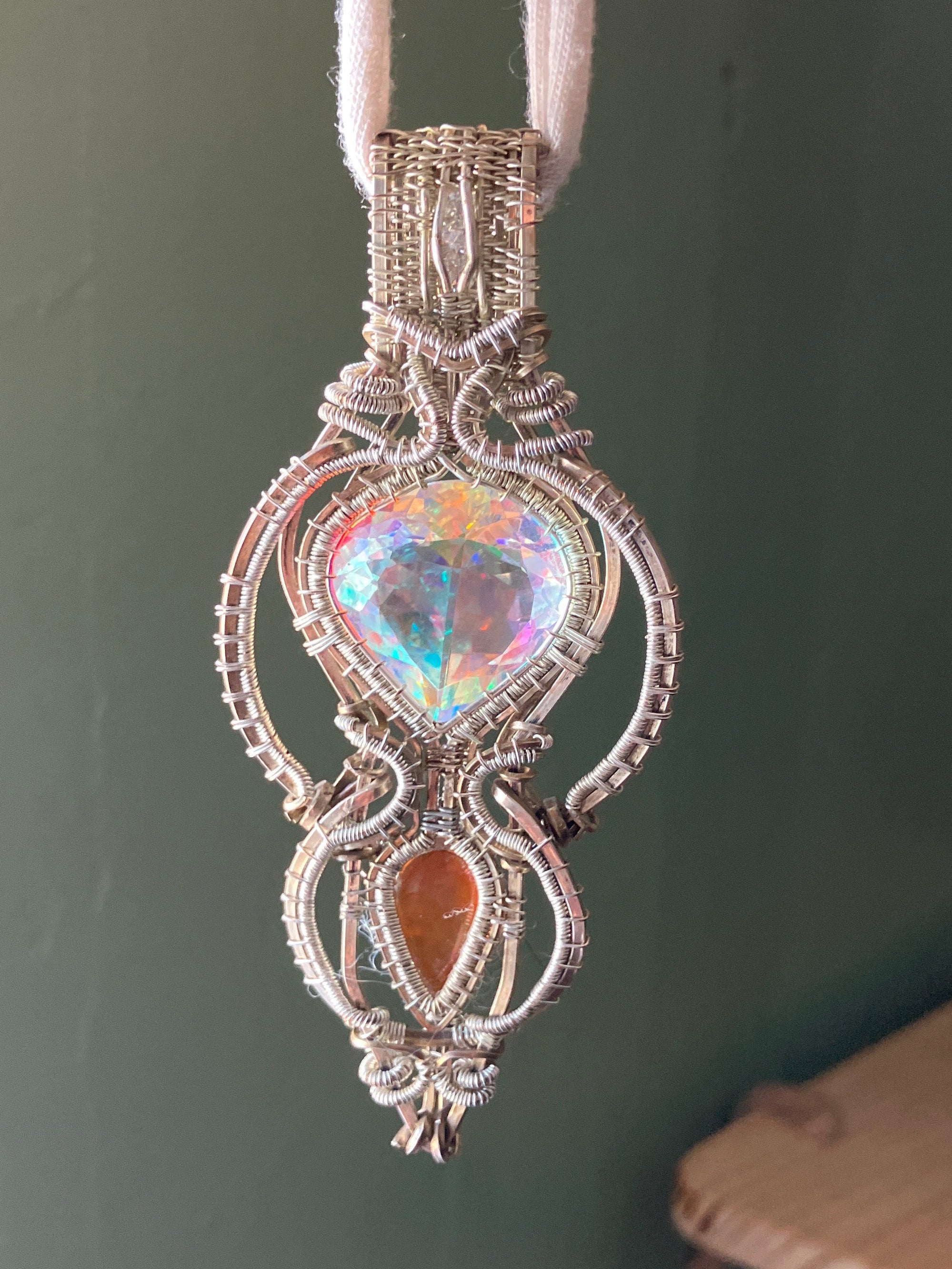 Mystic Quartz, Opal & Moissanite Wire Wrapped Amulet in 925 Sterling Silver