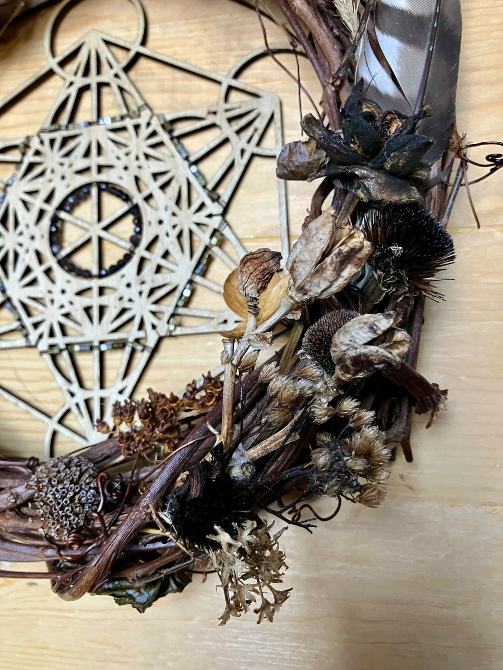 Archangel Metatron Sacred Geometry 10” Protection & Power Wreath- Silver Sheen Obsidian- Hawk