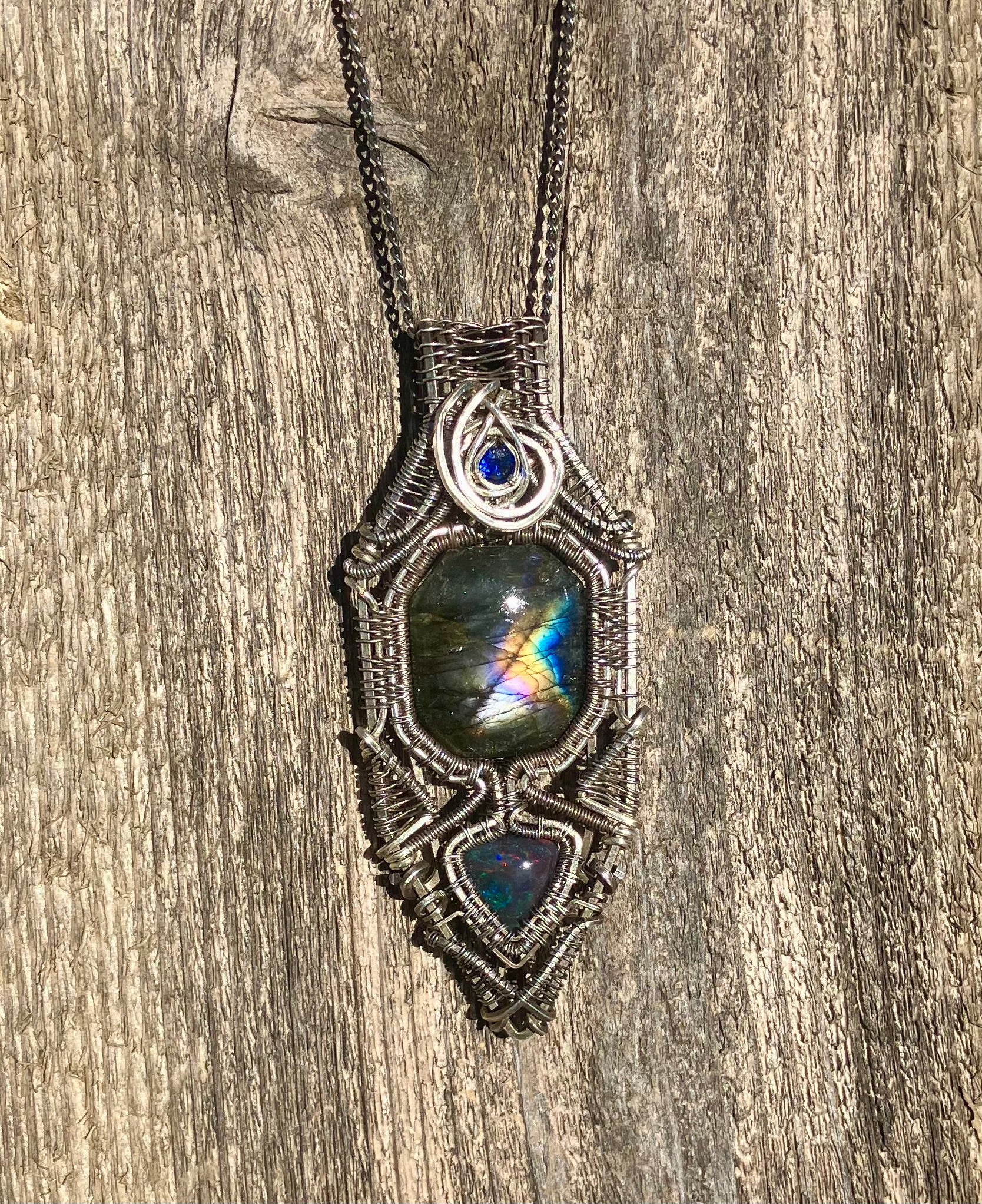 Octagonal Labradorite, Black Opal & Blue Quartz Wire Wrapped Amulet in 925 Sterling Silver- Aligns Chakras- Lucid Dreams- Spiritual Growth
