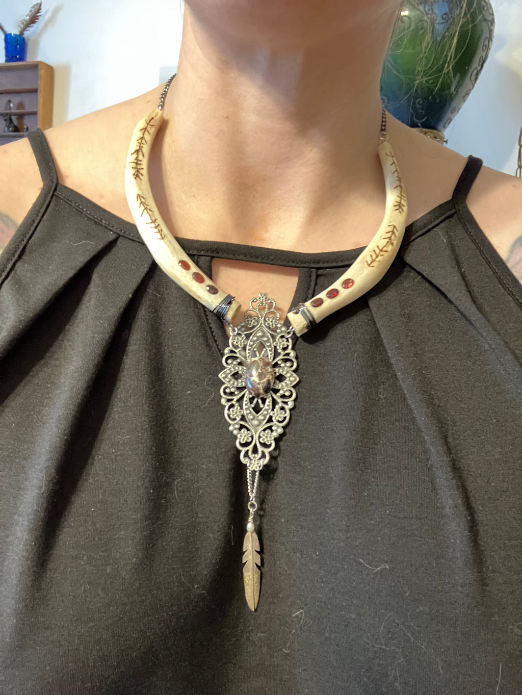 Javelina Rib Bone Crystal Ceremonial Amulet with Brecciated Jasper & Tri-color Garnet Inlay- Strength and Focus Wood Burned Sigils