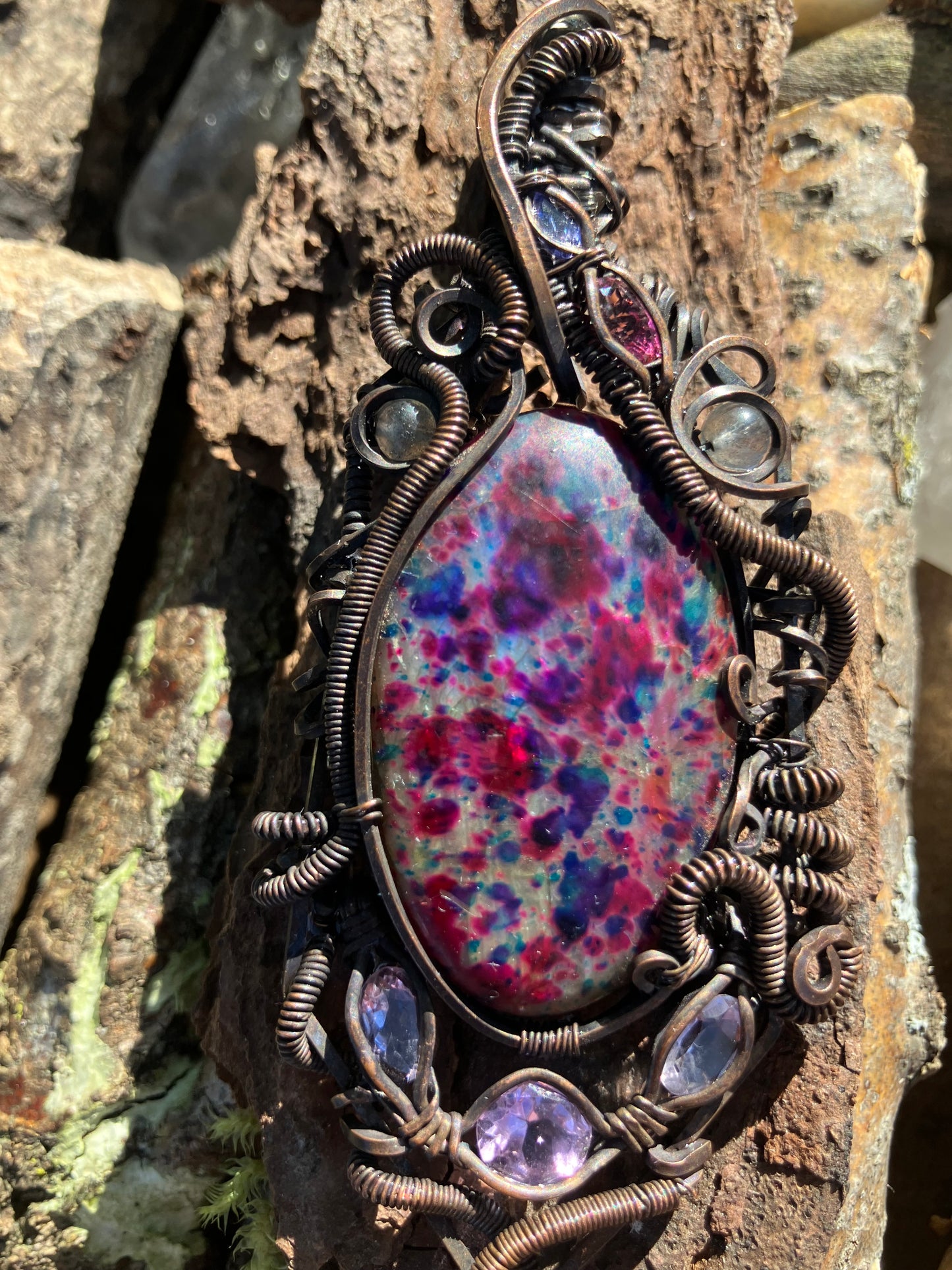 Harlequin Labradorite with Faceted Amethyst, Tanzanite & Pink Topaz Wire Wrapped Amulet Statement Pendant in Tarnished Copper