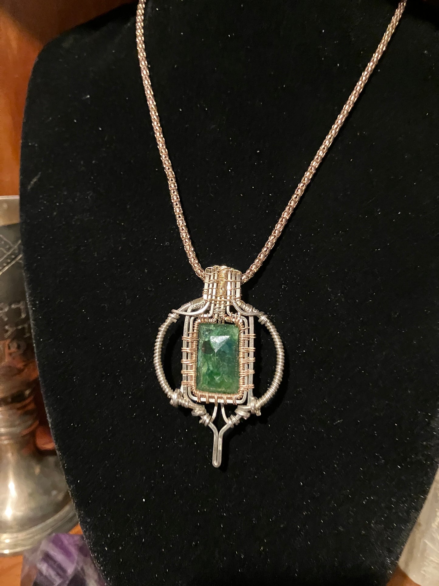 Emerald Wire Wrapped Amulet Pendant in Rose Gold, 14k Yellow Gold and 925 Sterling Silver- Heart Chakra Healing- Emotional Balance