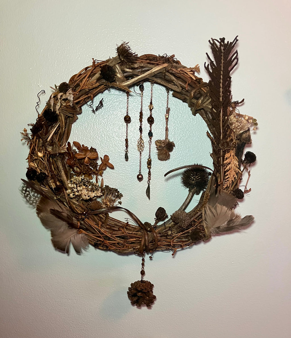 Foraged Flora, Fauna, Feather Crystal Charm 10” Wreath- Citrine, Pietersite, Tigers Eye- Abundance- Prosperity- High Vibrational