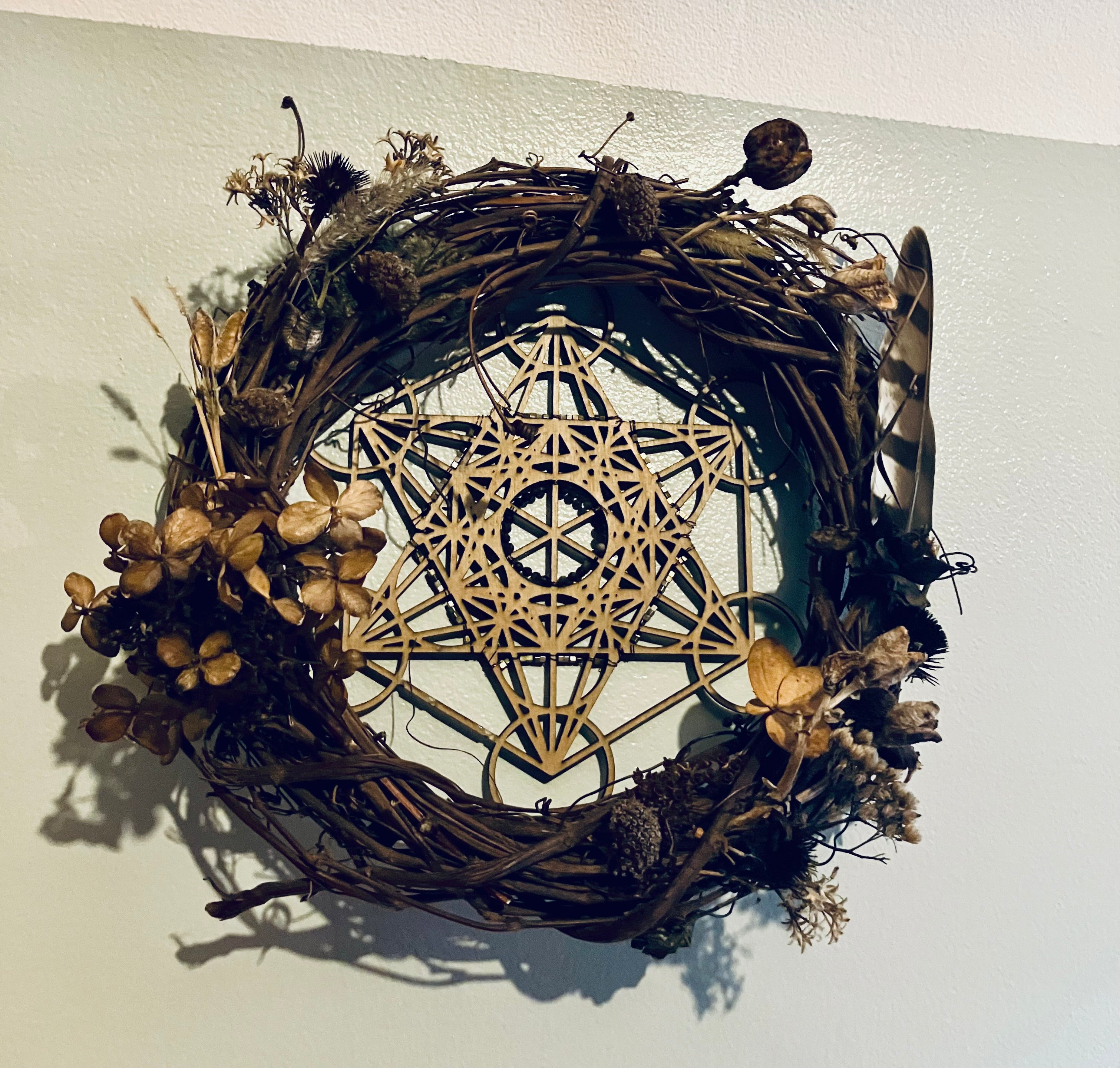 Archangel Metatron Sacred Geometry 10” Protection & Power Wreath- Silver Sheen Obsidian- Hawk