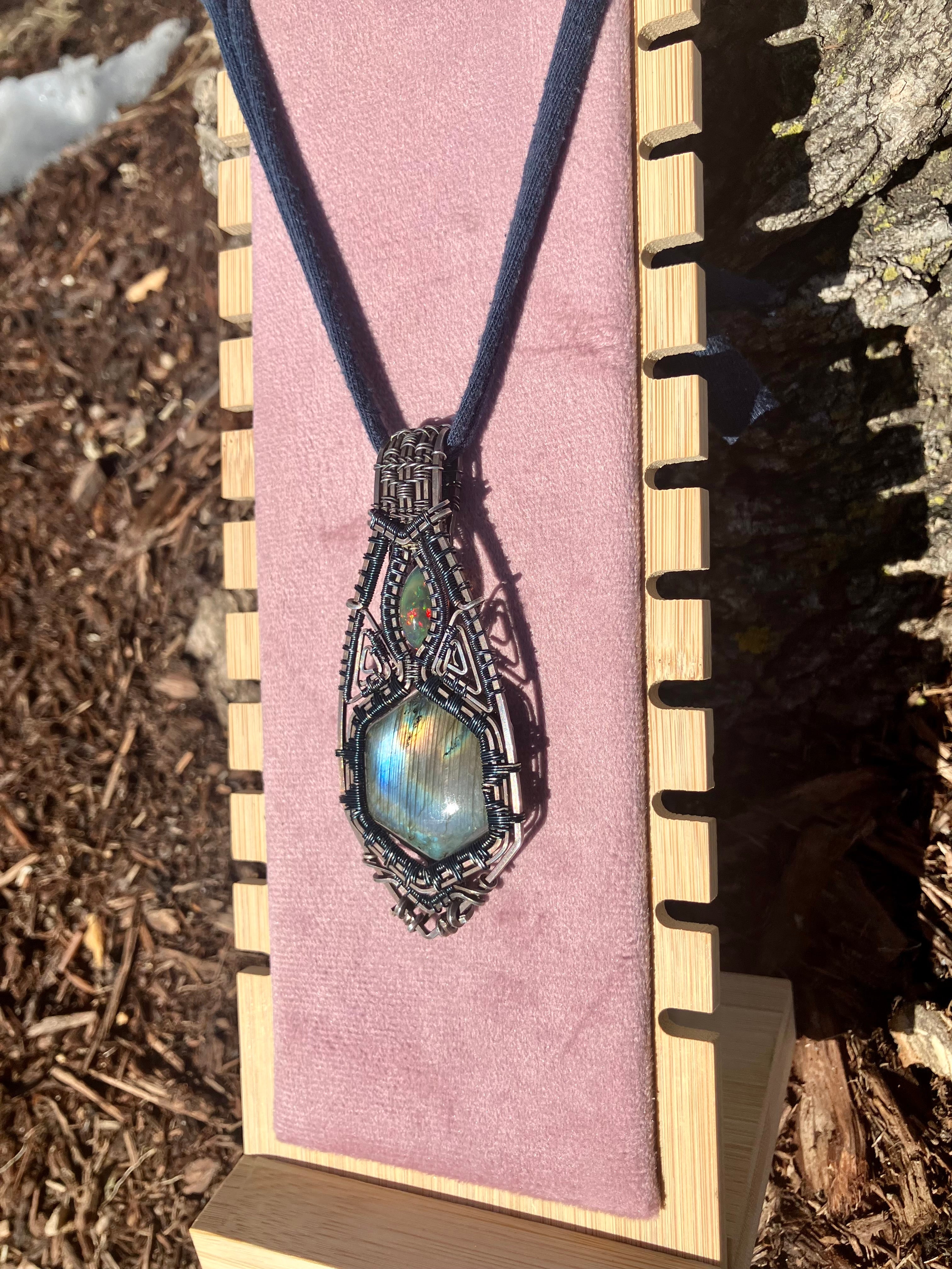 Labradorite Hexagon and Black Opal Wire Wrapped Amulet Statement Pendant in Tarnished Sterling Silver and Copper