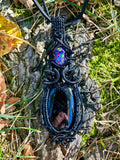 Silver Sheen Obsidian and Lab Opal Wire Wrapped Pendant in Black Copper
