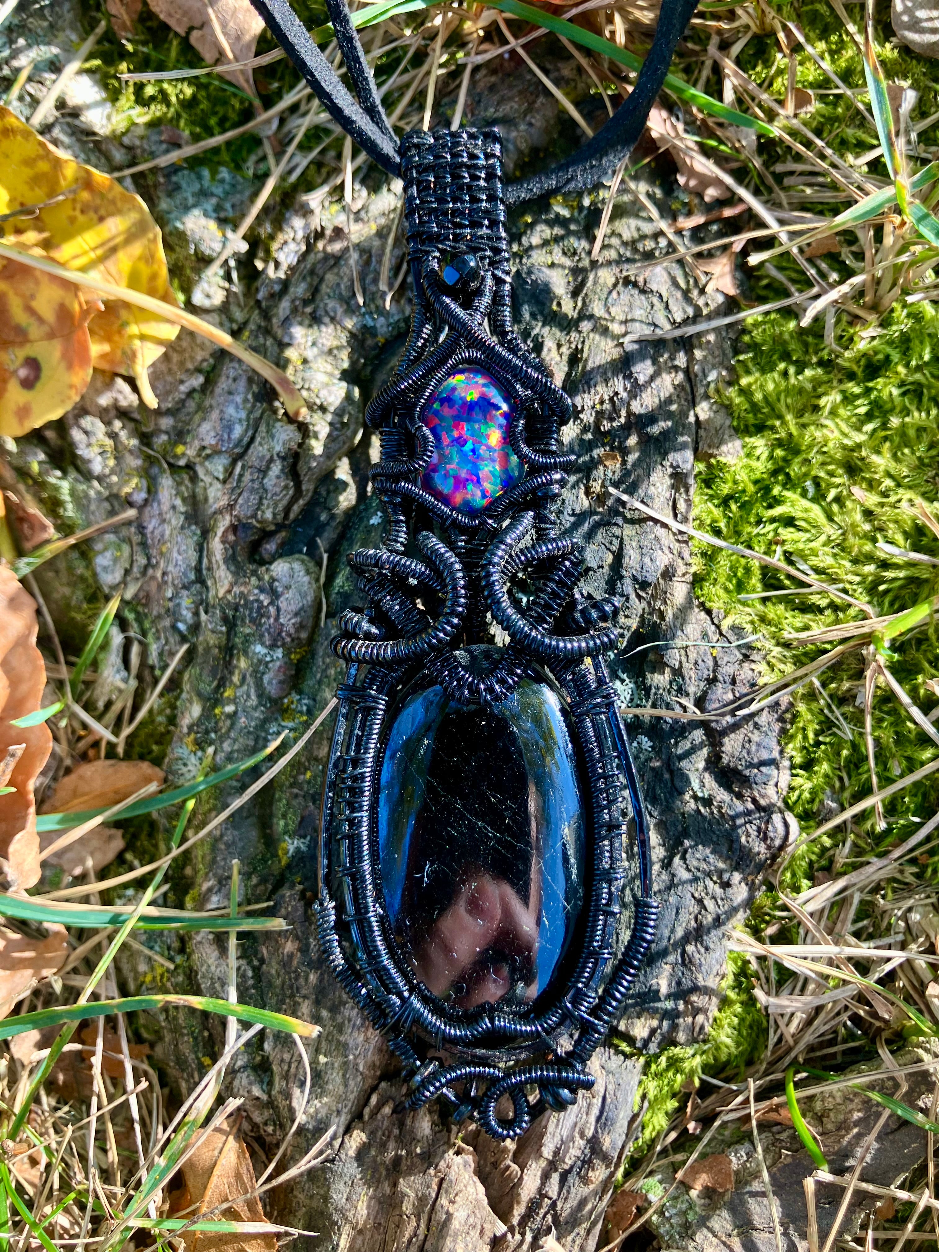Silver Sheen Obsidian and Lab Opal Wire Wrapped Pendant in Black Copper