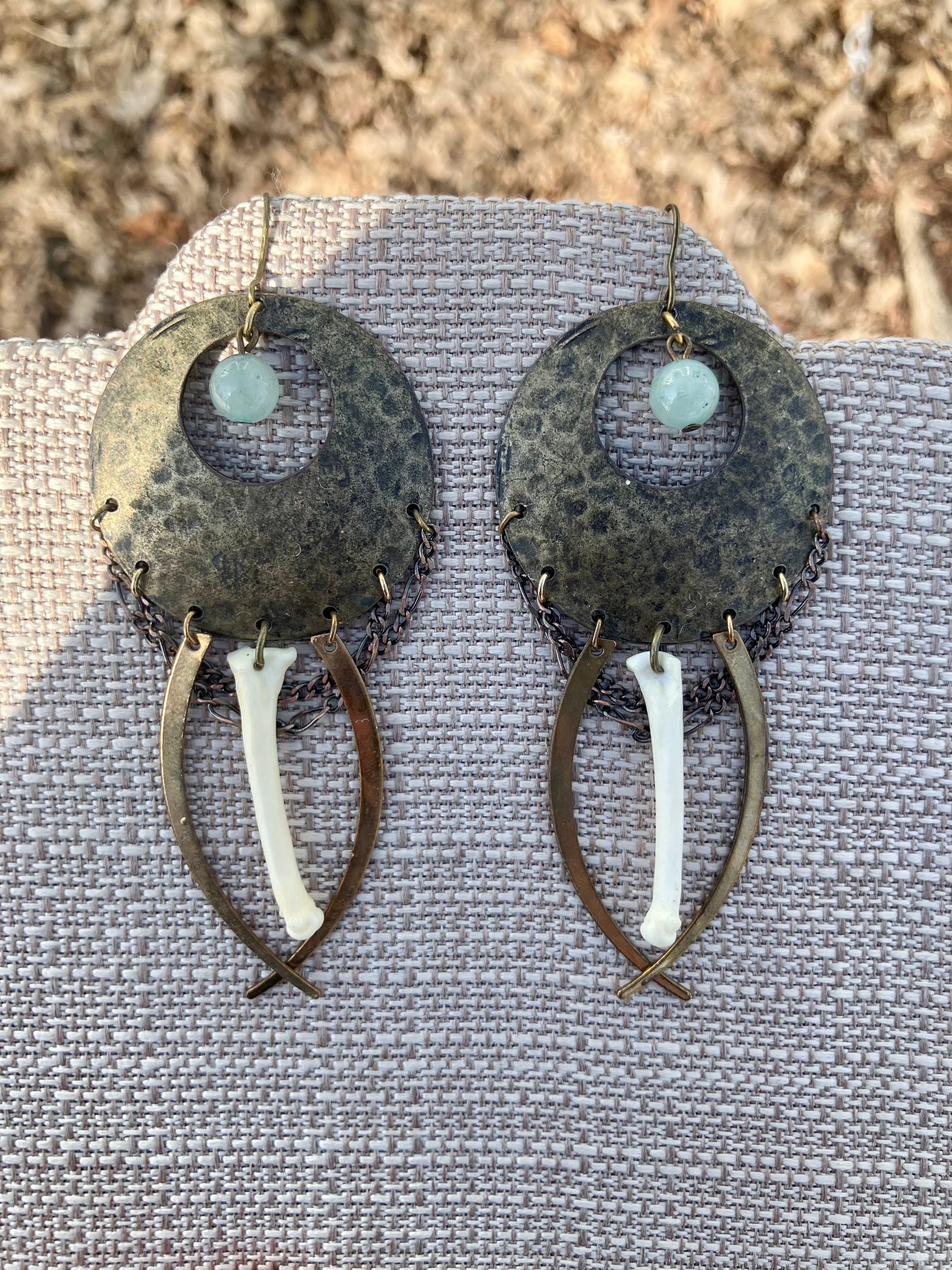 Green Aventurine & Copper Groundhog Bone Earrings