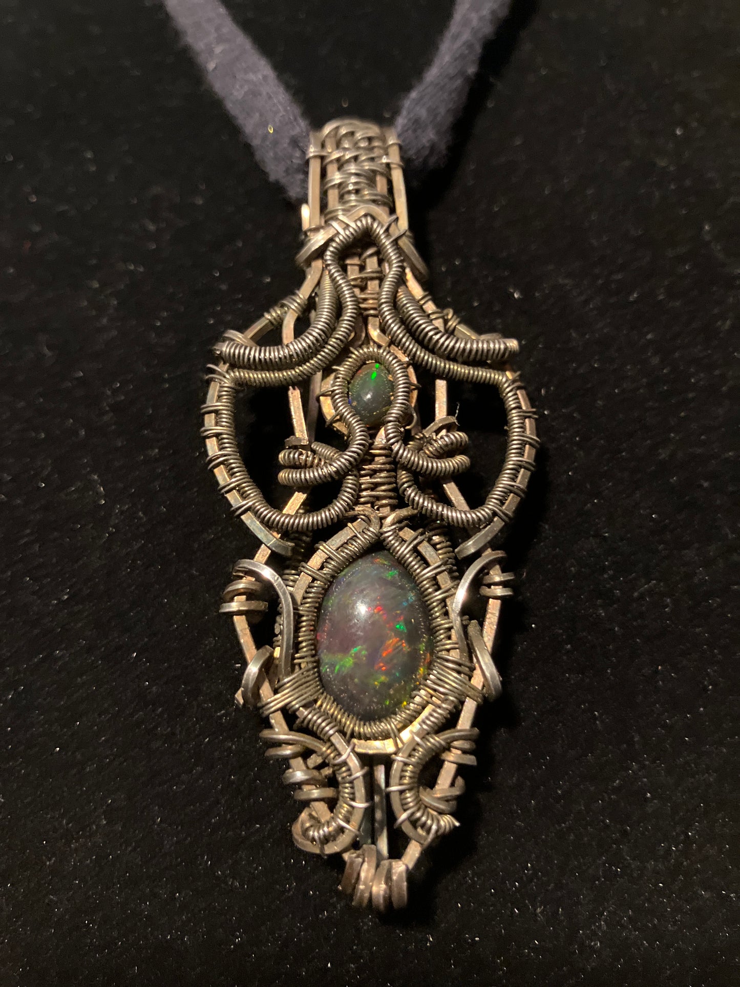 6.8 carat Double Black Opal Crystal Wire Wrapped Amulet Pendant in 925 Sterling Silver