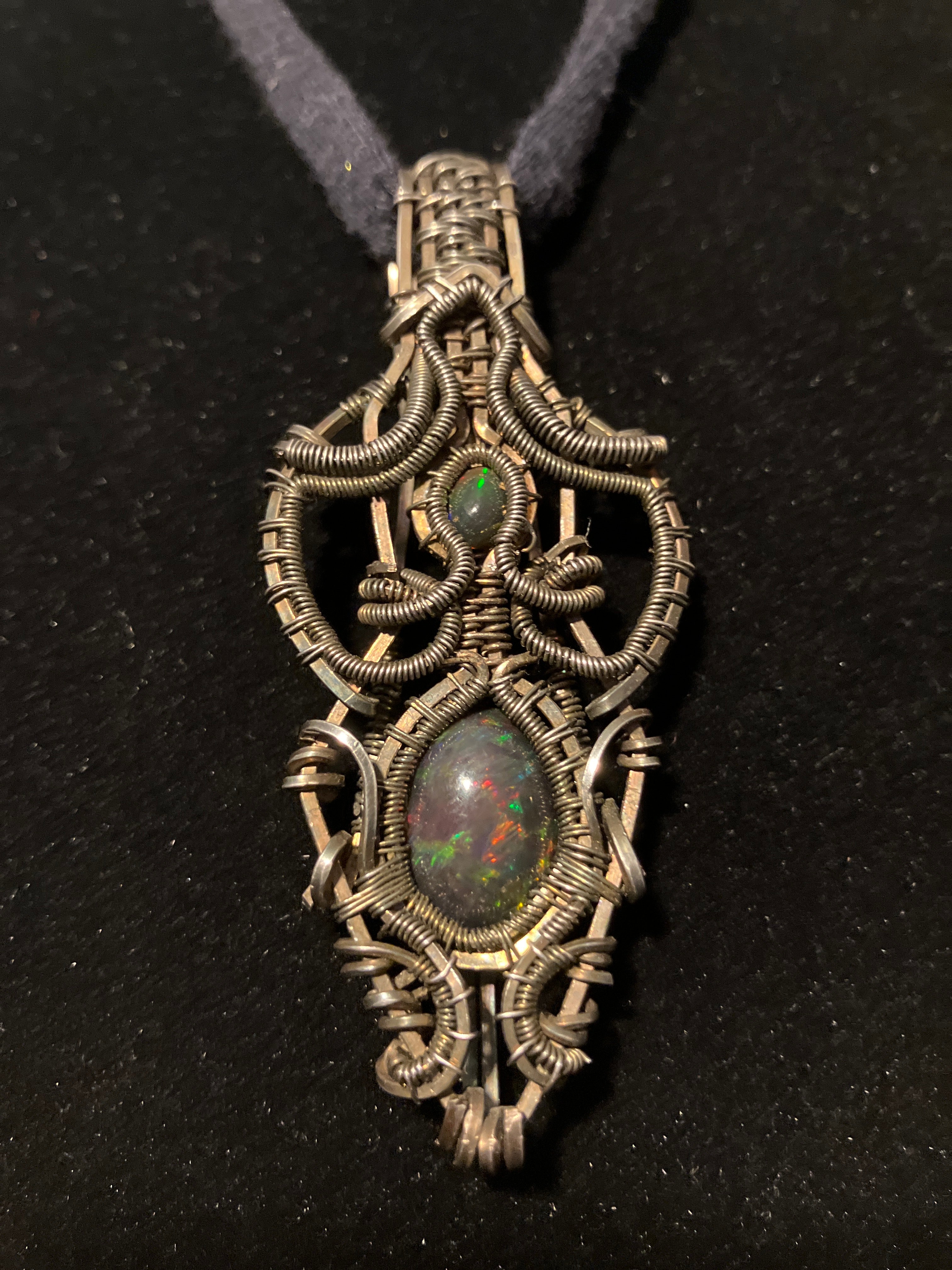 6.8 carat Double Black Opal Crystal Wire Wrapped Amulet Pendant in 925 Sterling Silver