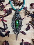 Black Opal & Ammolite Wire Wrapped  Crystal Amulet Pendant in Tarnished 925 Sterling Silver