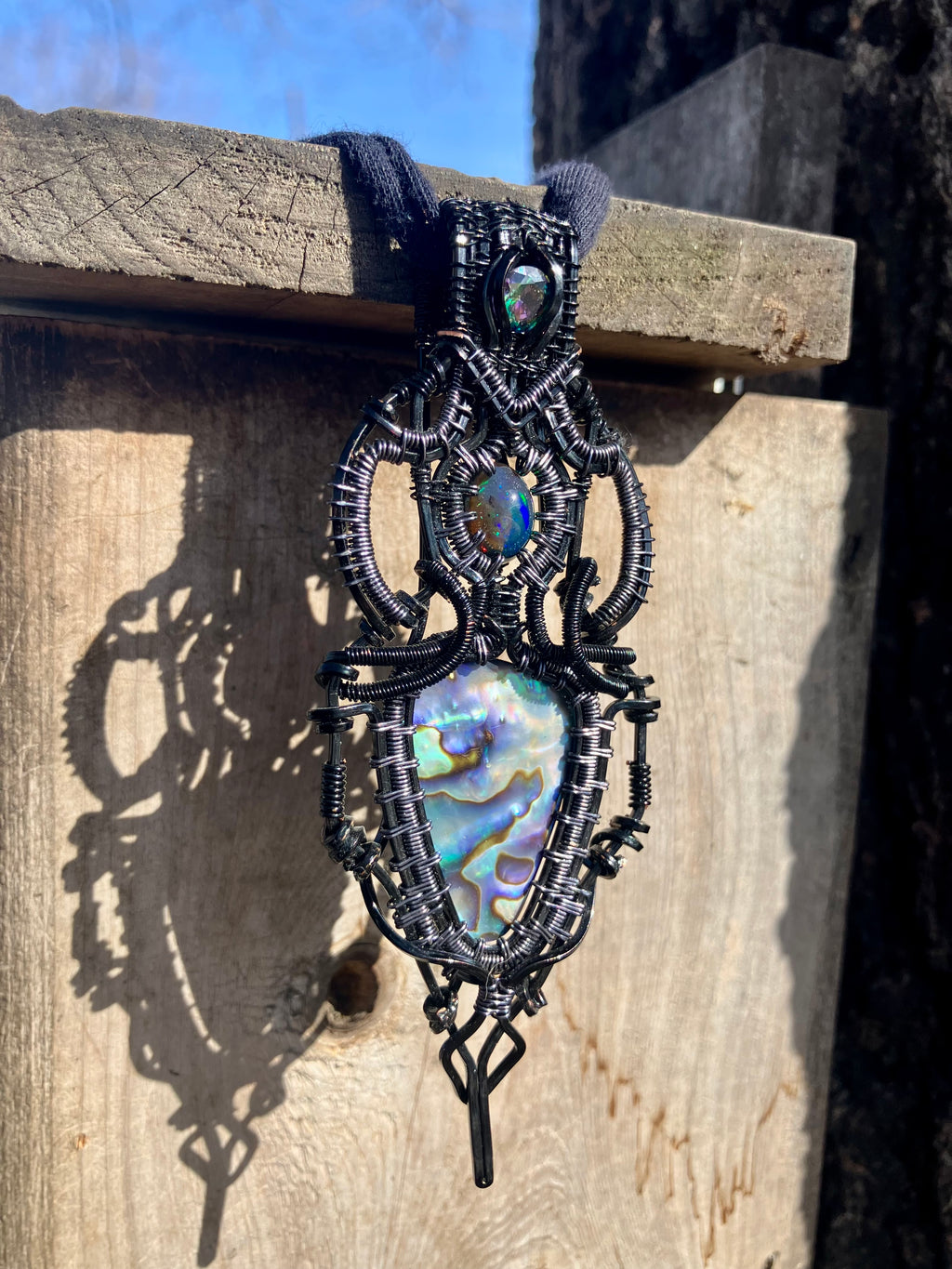 Abalone, Black Opal & Mystic Topaz Wire Wrapped Amulet in Black and Grey Copper