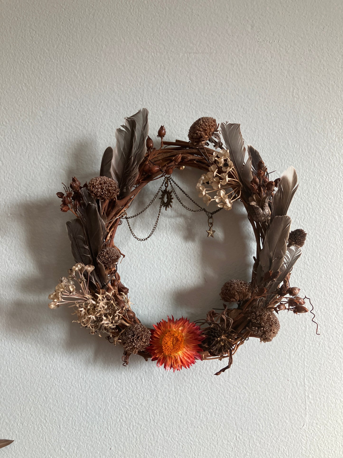 Robin Feather Foraged Strawflower Floral Charm Wreath- 6”