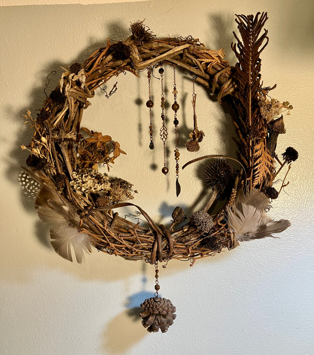 Foraged Flora, Fauna, Feather Crystal Charm 10” Wreath- Citrine, Pietersite, Tigers Eye- Abundance- Prosperity- High Vibrational