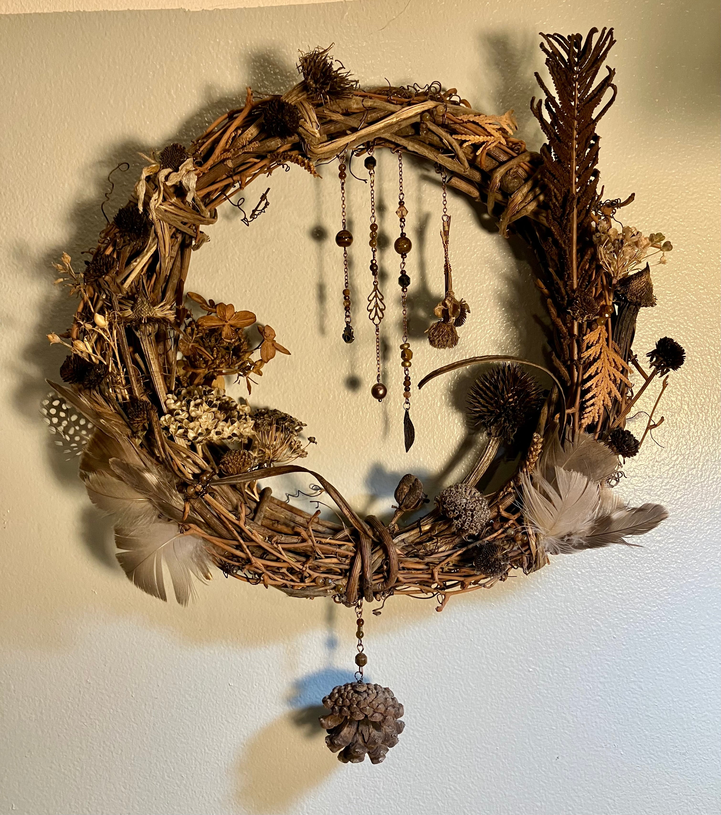 Foraged Flora, Fauna, Feather Crystal Charm 10” Wreath- Citrine, Pietersite, Tigers Eye- Abundance- Prosperity- High Vibrational