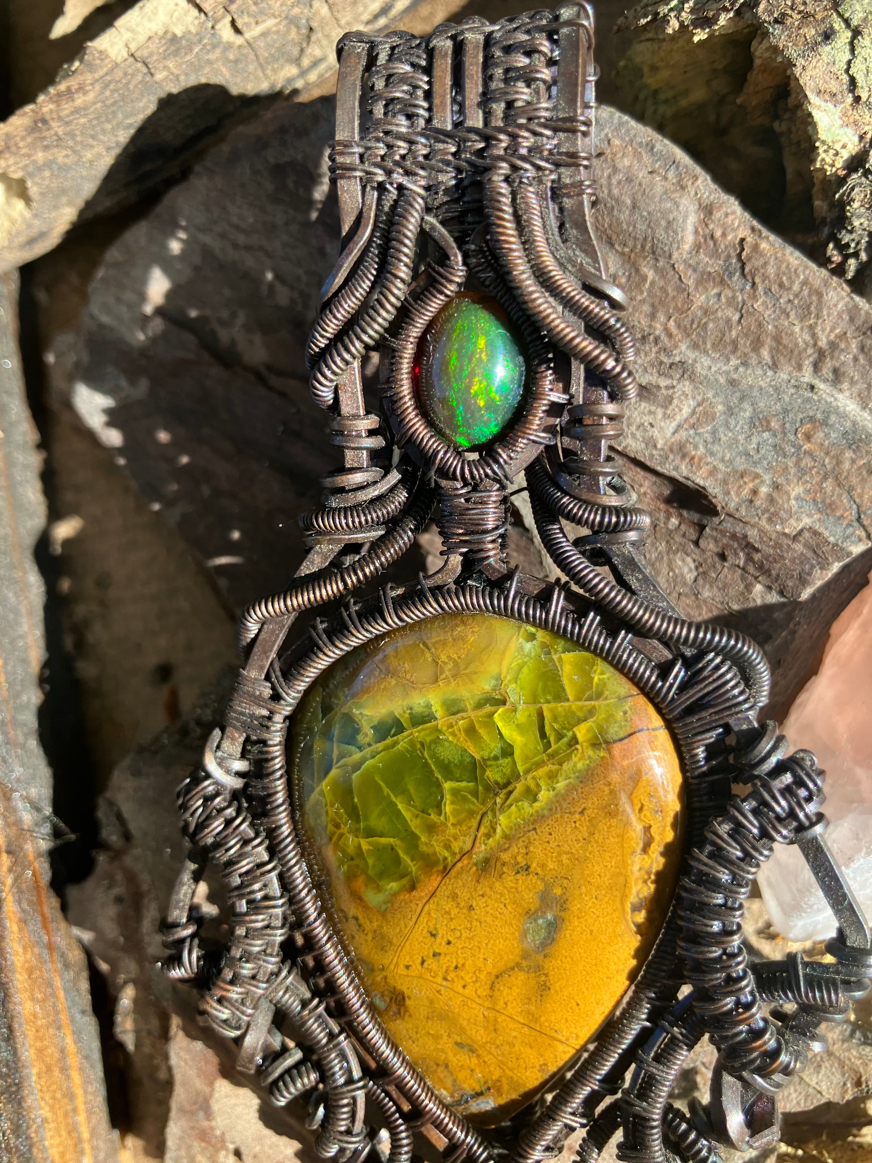 Black & Green Opal Crystal Wire Wrapped Amulet Pendant in Tarnished Copper